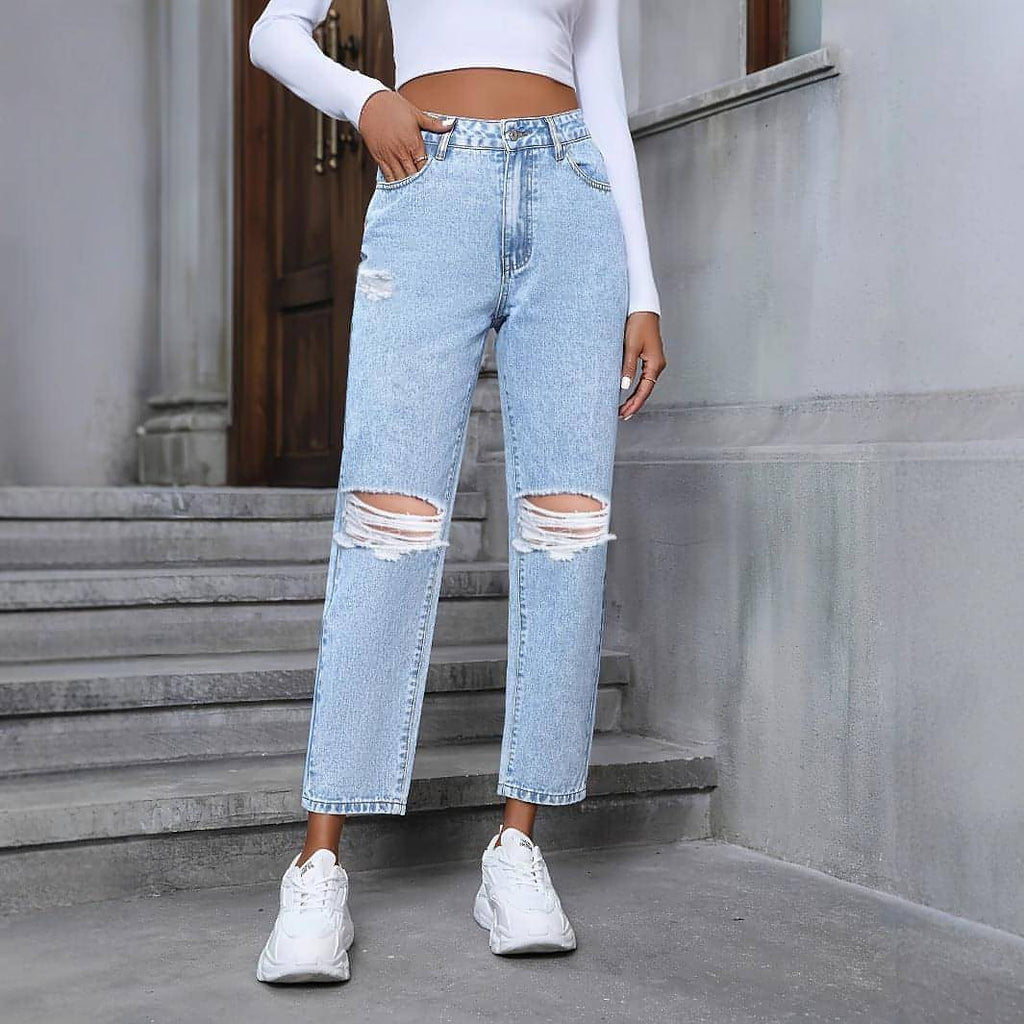 Women's Casual Loose Straight Ripped Denim Jeans