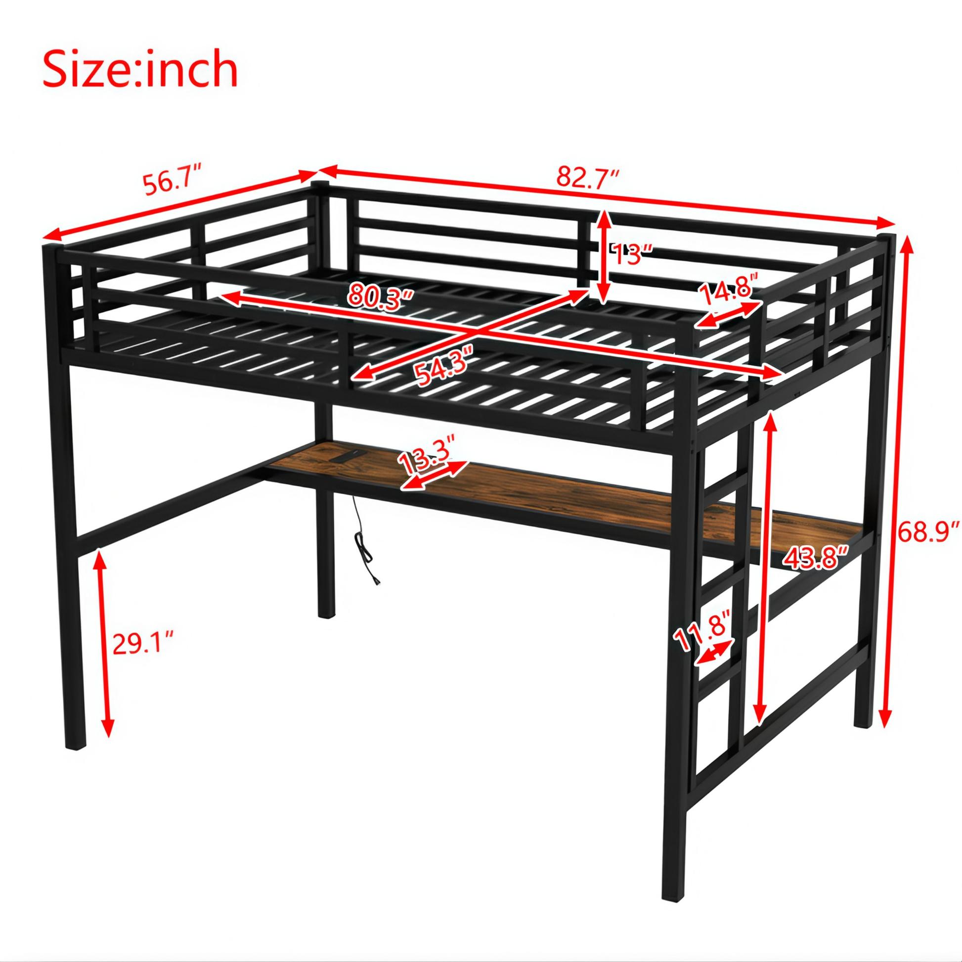 LuneluX_Home – Full Metall Loft Bed with Desk & Ambient Light