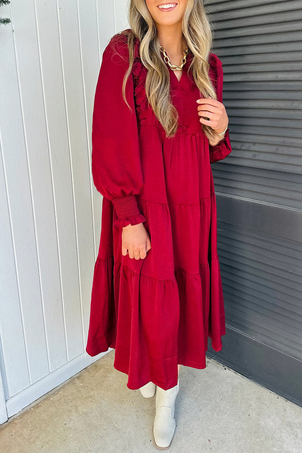Racing Red Solid Color Ruffle Trim Long Sleeve Tiered Shift Midi Dress