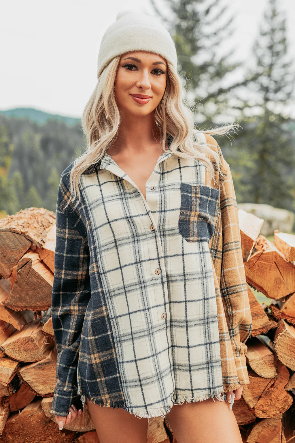 Multicolour Plaid Button-Up Long Sleeve Shift Silhouette Shacket