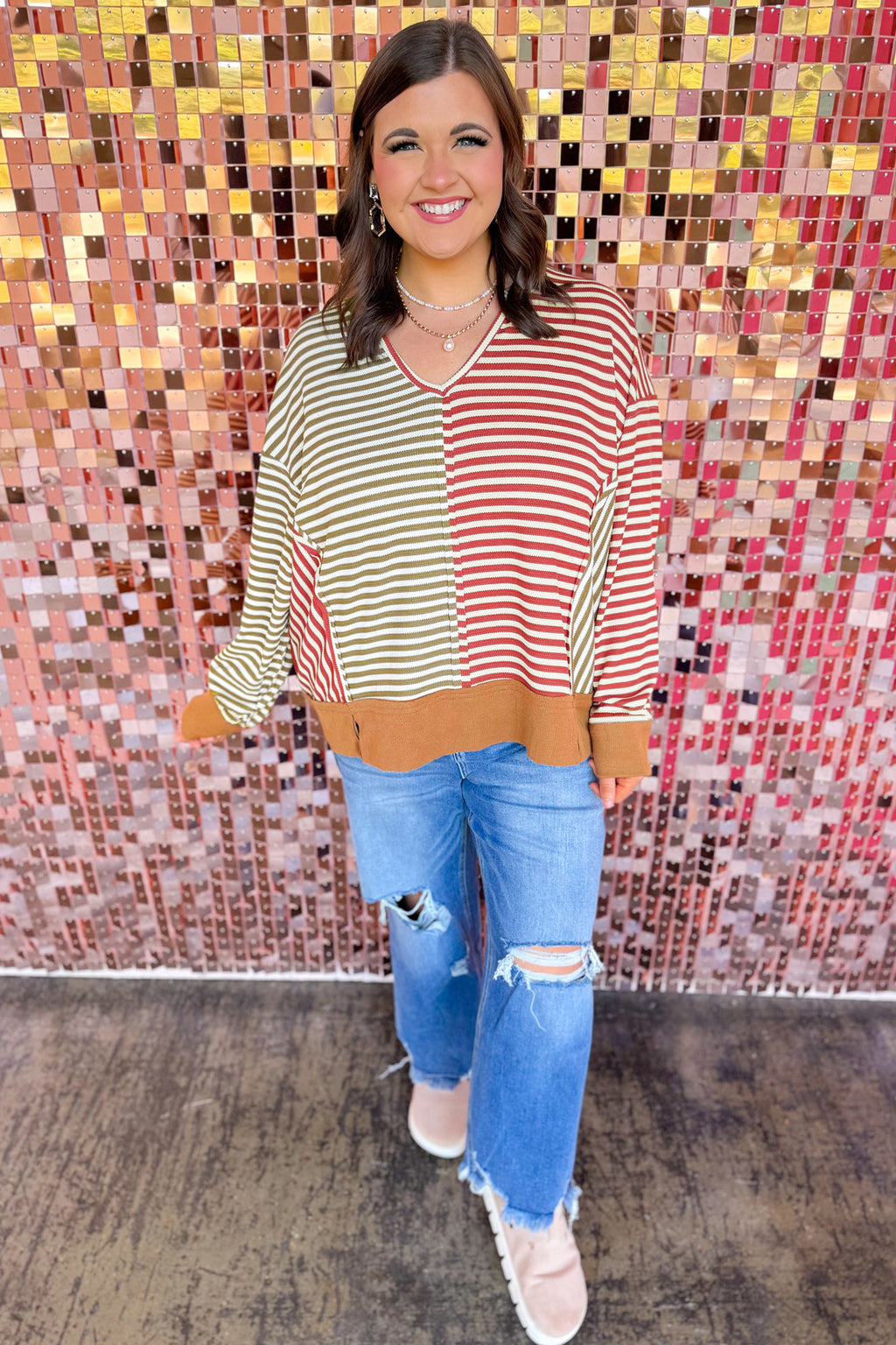 Brown Stripe Striped Colorblock V Neck Oversized Long Sleeve Plus Size Blouse