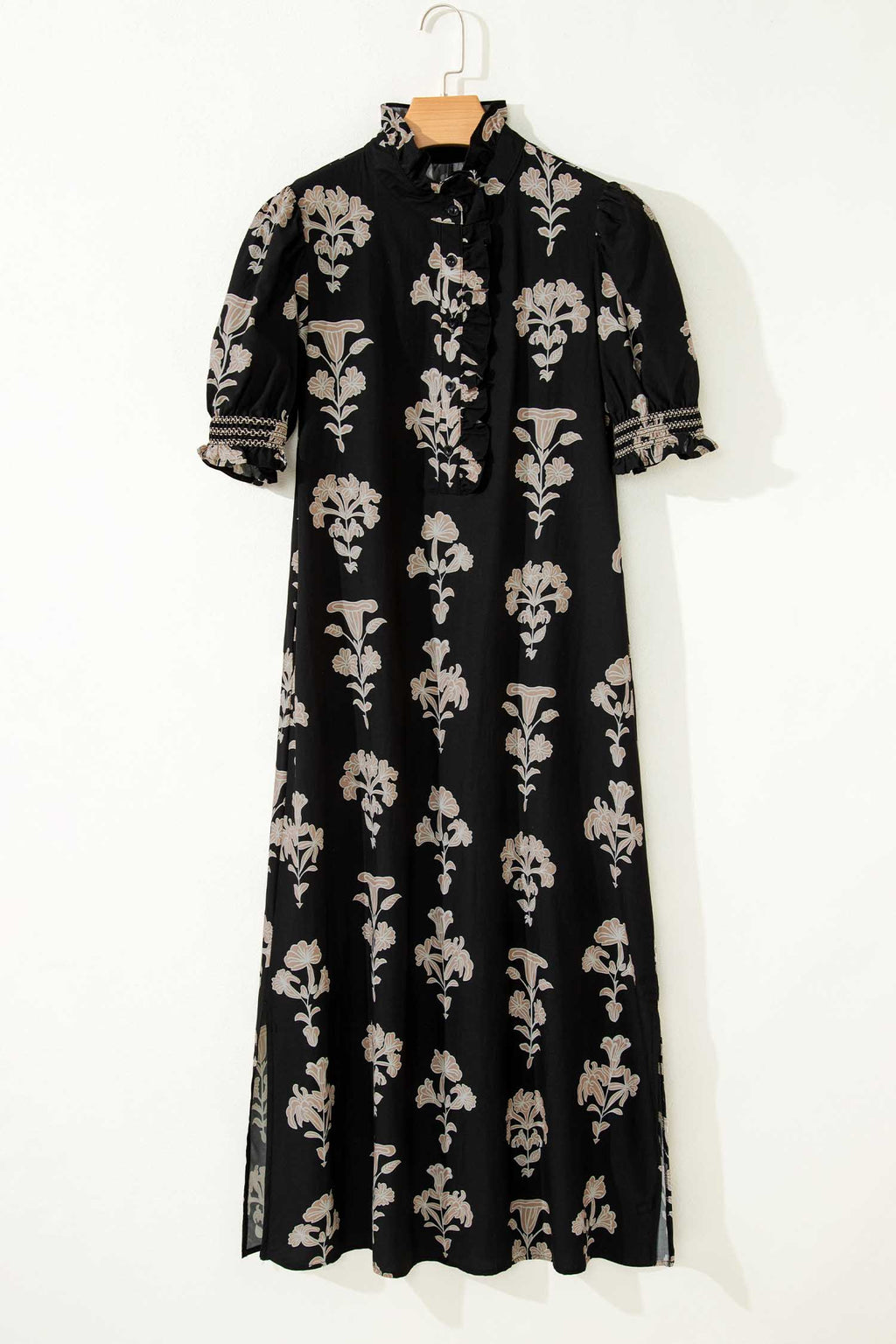 Black Floral Print Frilled Collar Short Puff Sleeve Maxi Dress