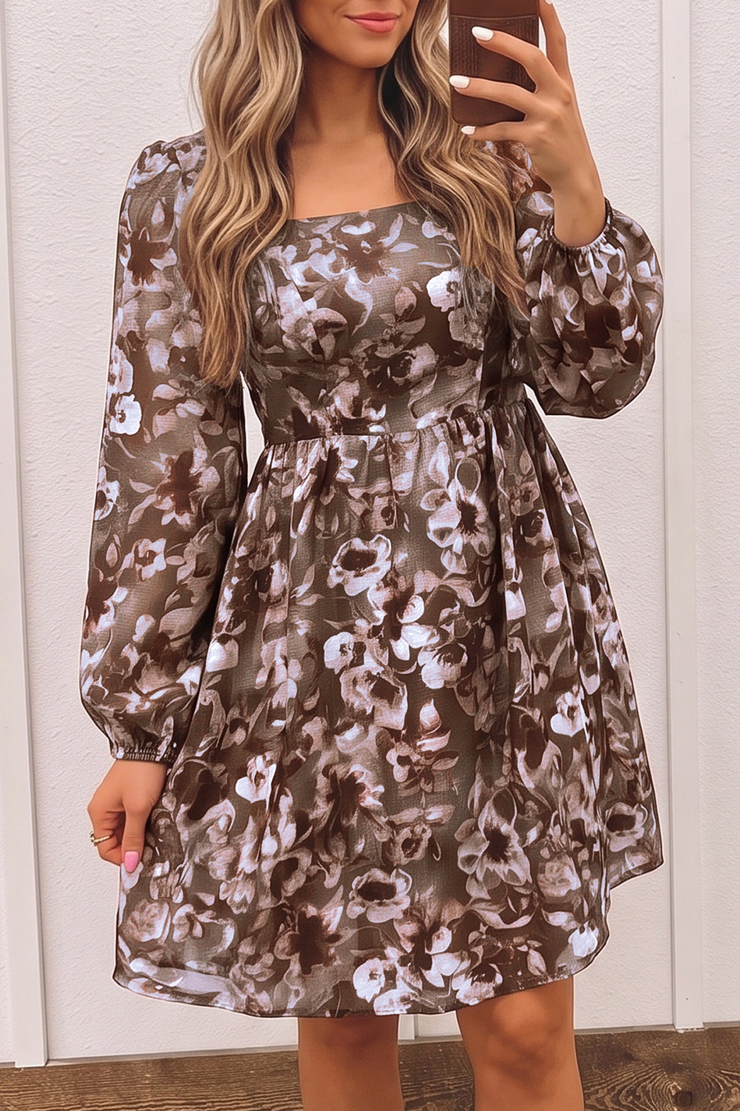 Brown Abstract Floral Print Square Neck Long Sleeve Mini Shift Dress