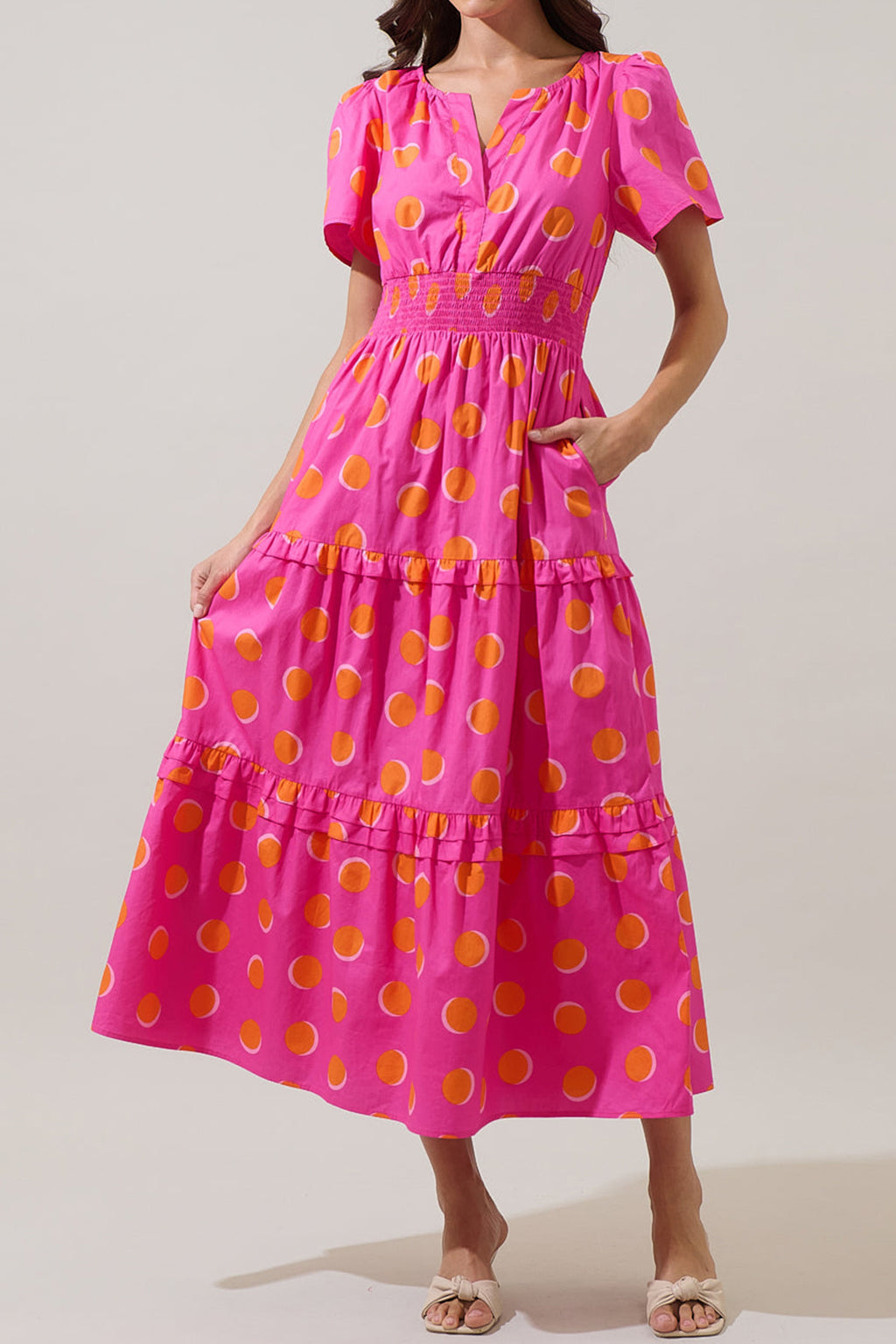 Rose Double Polka Dot Short Sleeve Shirred High Waist Midi Dress