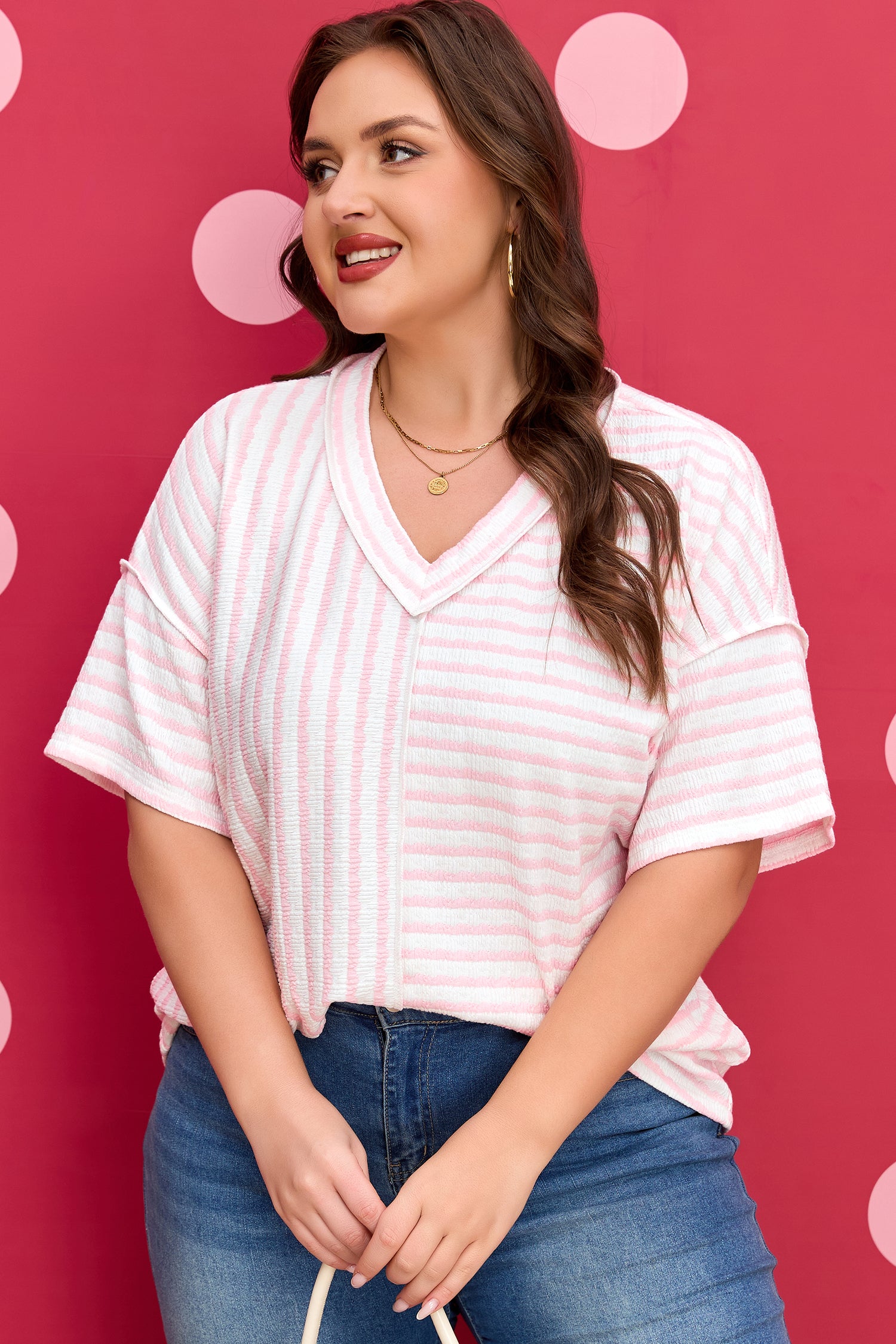 Pink Stripe Plus Size V Neck Exposed Seam Patchwork T Shirt