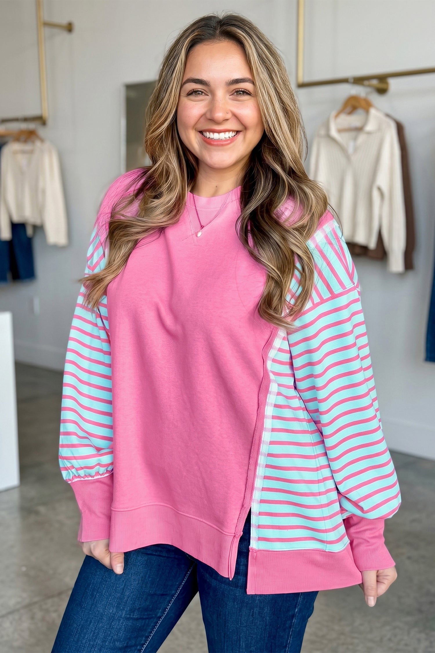 Purple Orchid Striped Colorblock Long Sleeve Tunic Plus Size Sweatshirt