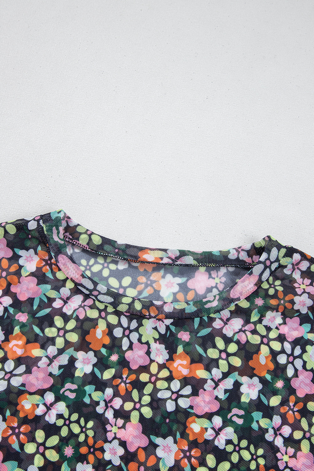 Black Sheer Floral Mesh Round Neck T Shirt
