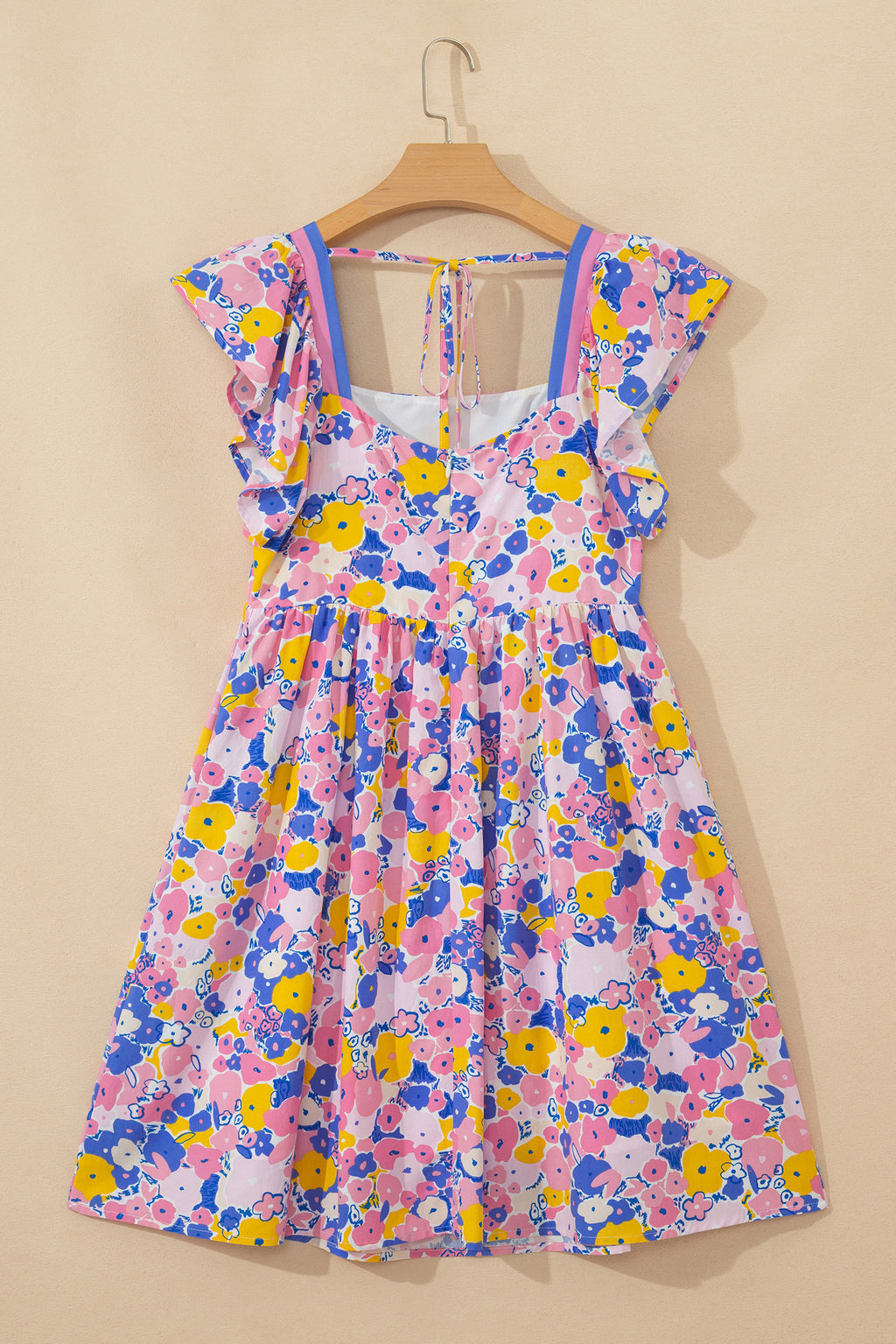 Multicolour Floral Print Flutter Sleeve Striped Trim Square Neck Loose Mini Dress