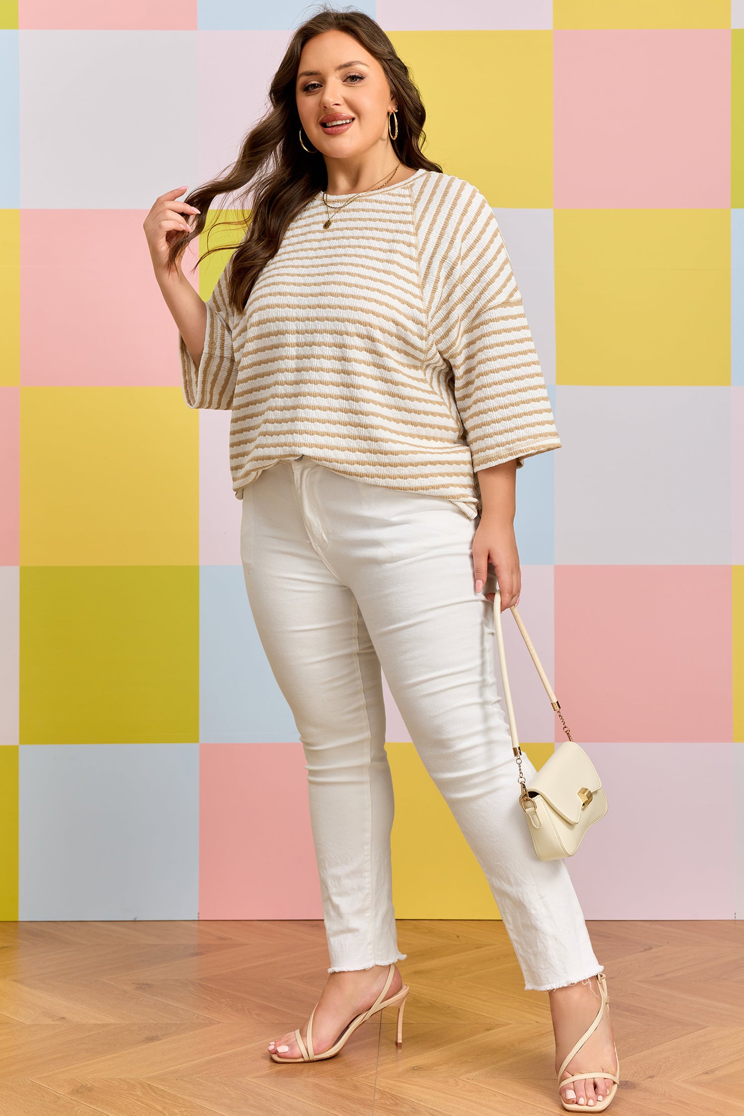 Apricot Stripe Plus Size Textured Patchwork Detail Half Sleeve Top