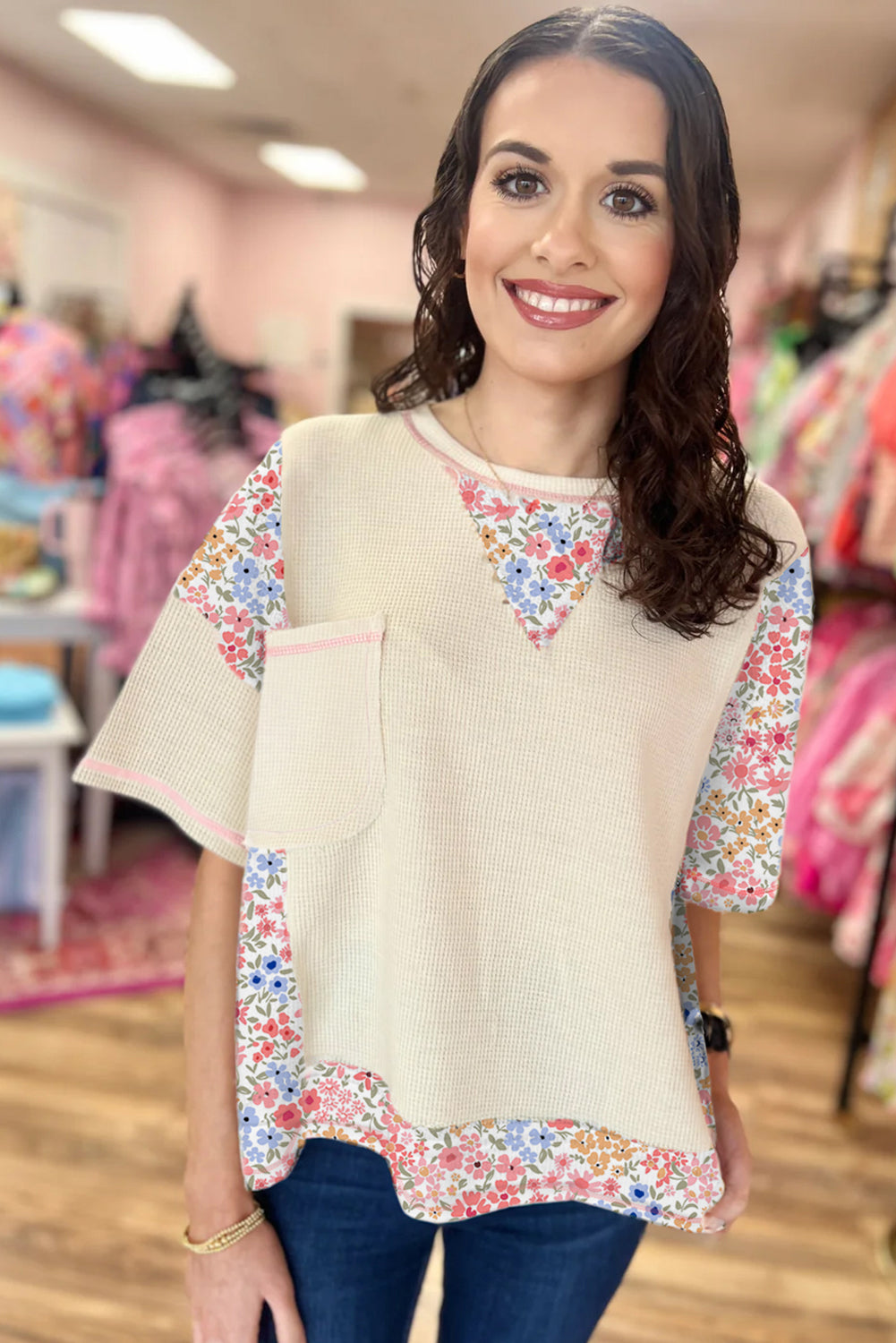Beige Floral Patchwork Chest Pocket Wide Sleeve Waffle T Shirt