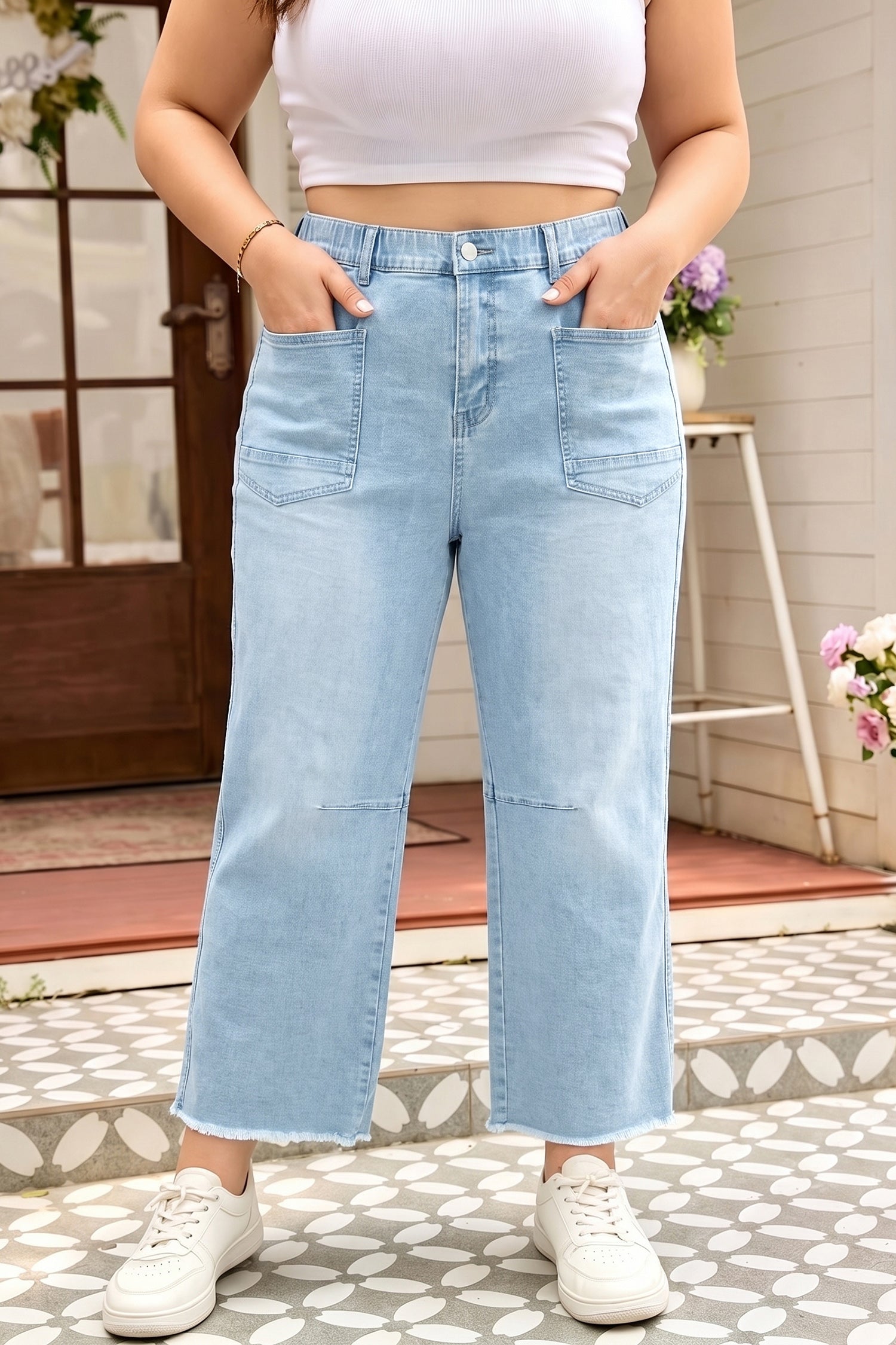 Beau Blue Plus Size Seam Detail Patch Pocket Raw Cut Shift Jeans