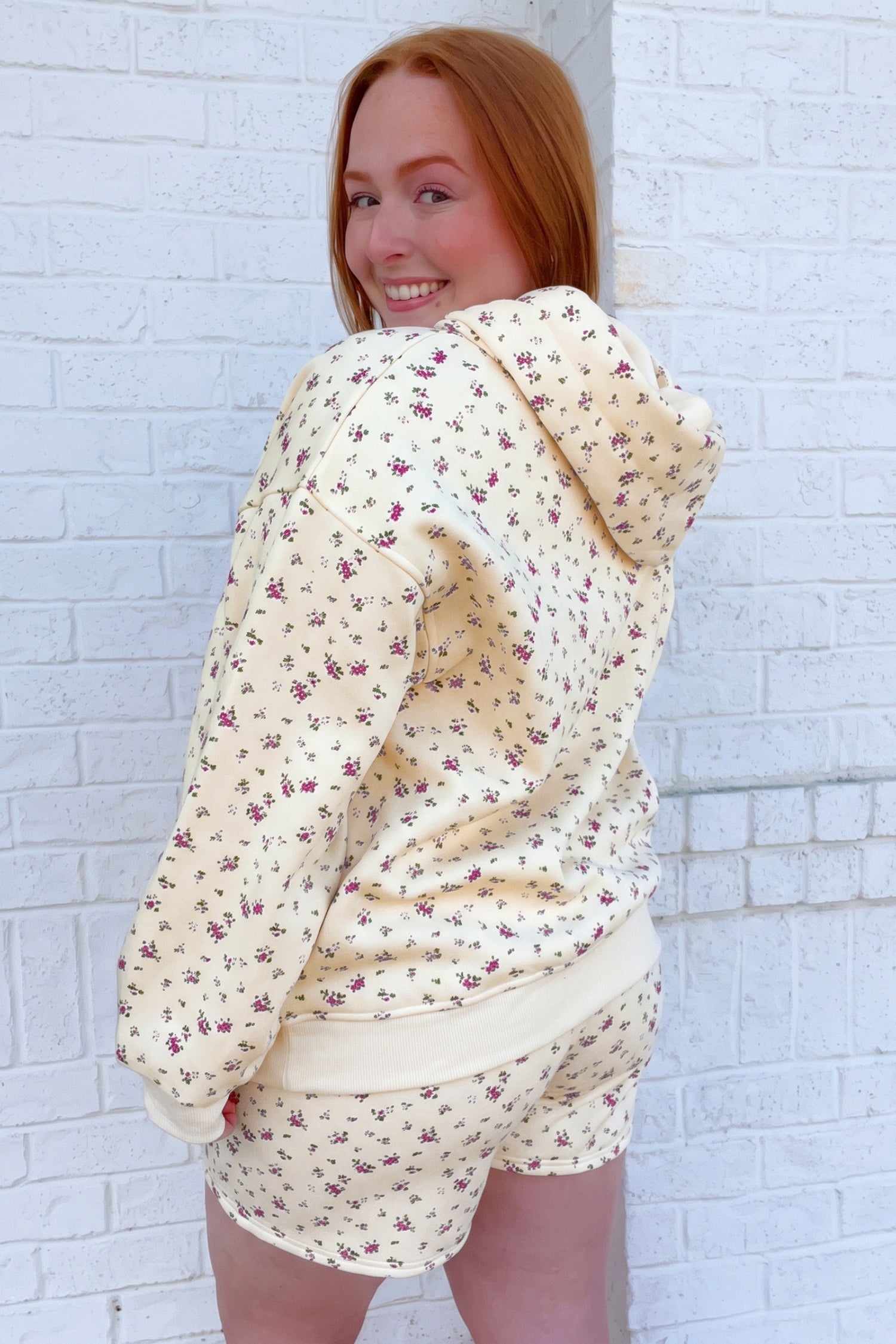 Beige Floral Print Hooded Long Sleeve Plus Size Set