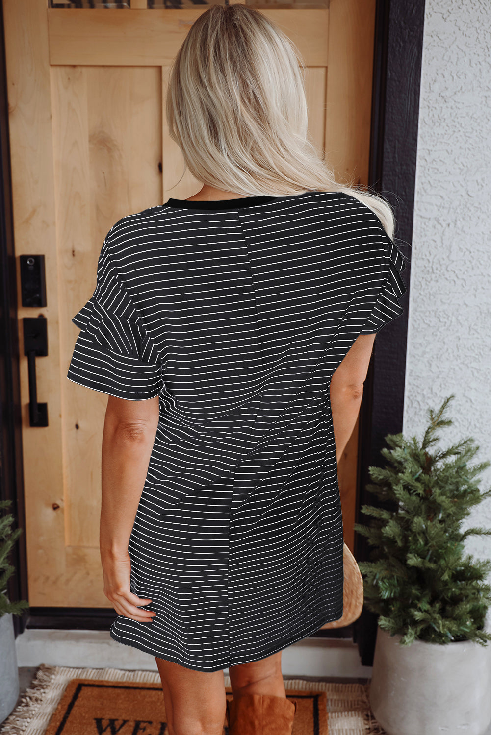 White Stripe Ruffled Short Sleeve Crew Neck T Shirt Shift Mini Dress