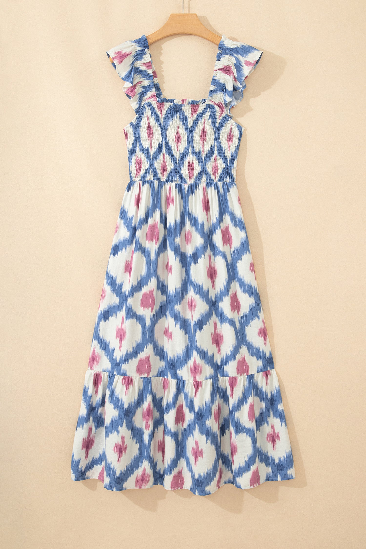 Sky Blue Ethnic Geometric Print Square Neck Smocked High Waist Ruffle Sleeve Dress