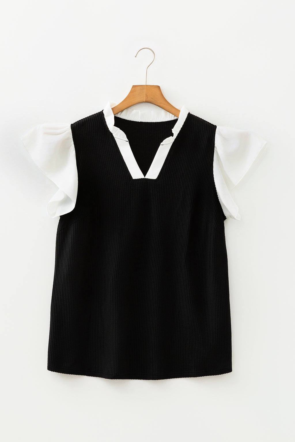 Fushia Plus Size Contrast Frilled Neckline Ruffled Short Sleeve Ribbed Textured Blouse