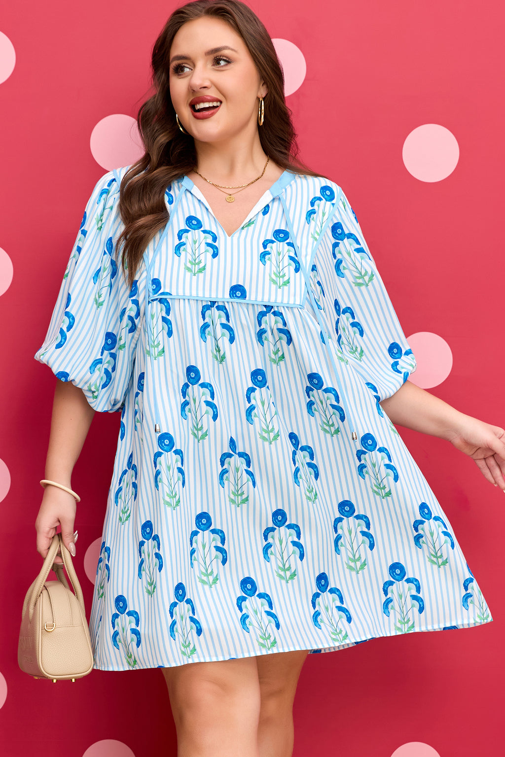 Sky Blue Floral Striped Bubble Short Sleeve Plus Size Dress