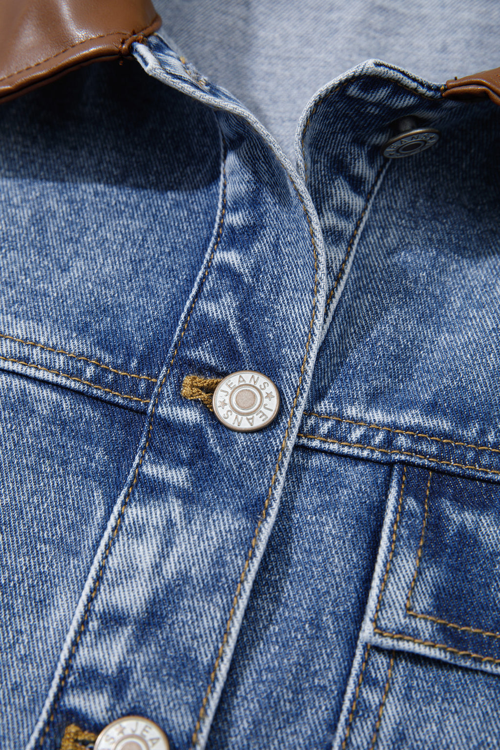Sky Blue Patchwork Leather Collar Long Sleeve Denim Jacket