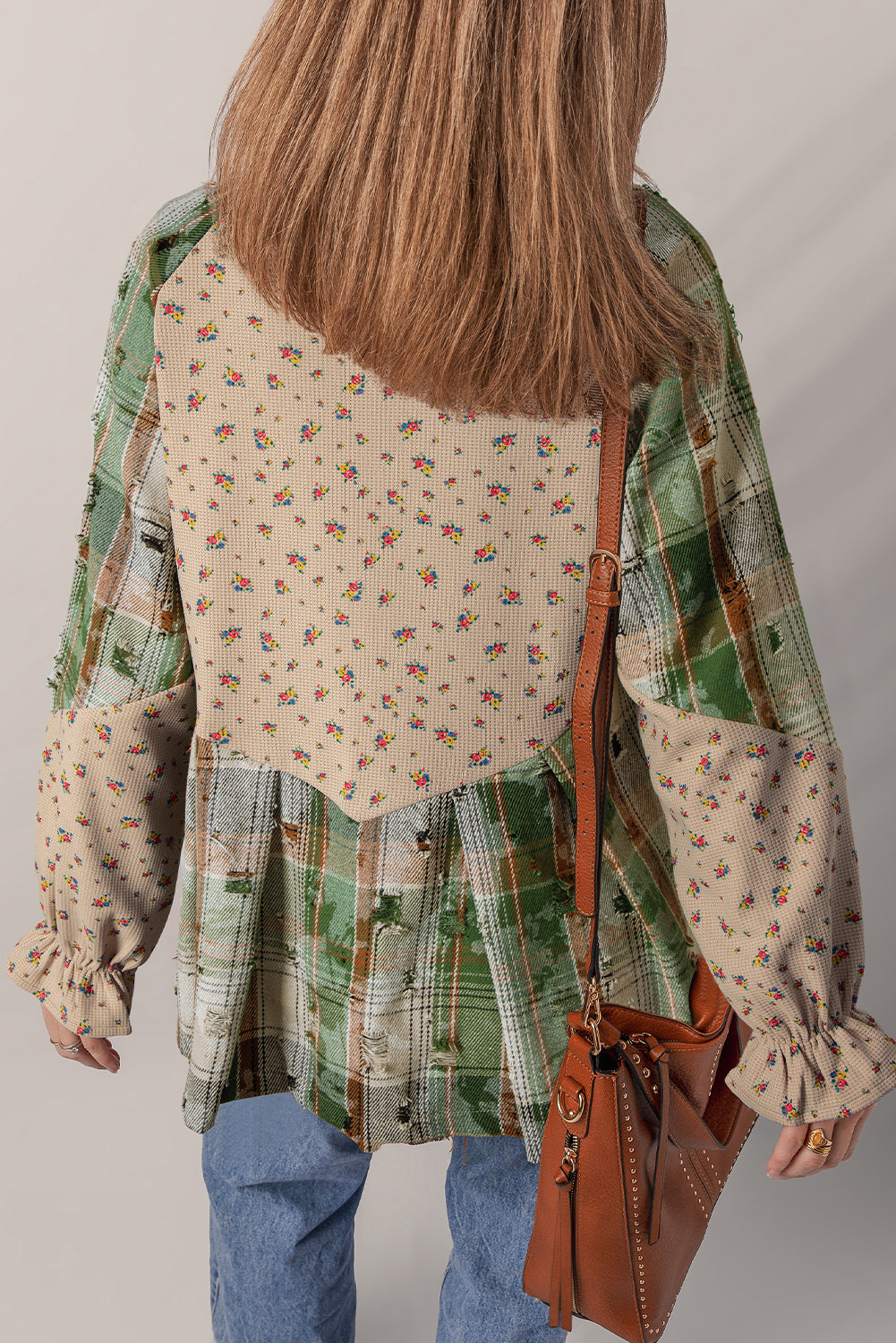 Ashleigh Blue Boho Floral Plaid Patchwork Distressed Detail Ruffled Sleeve Waffle Knit Shacket