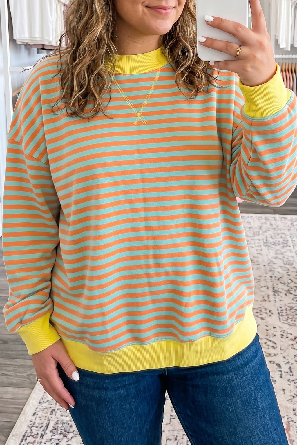 Orange Stripe High Neck Striped Colorblock Tunic Plus Size Sweatshirt