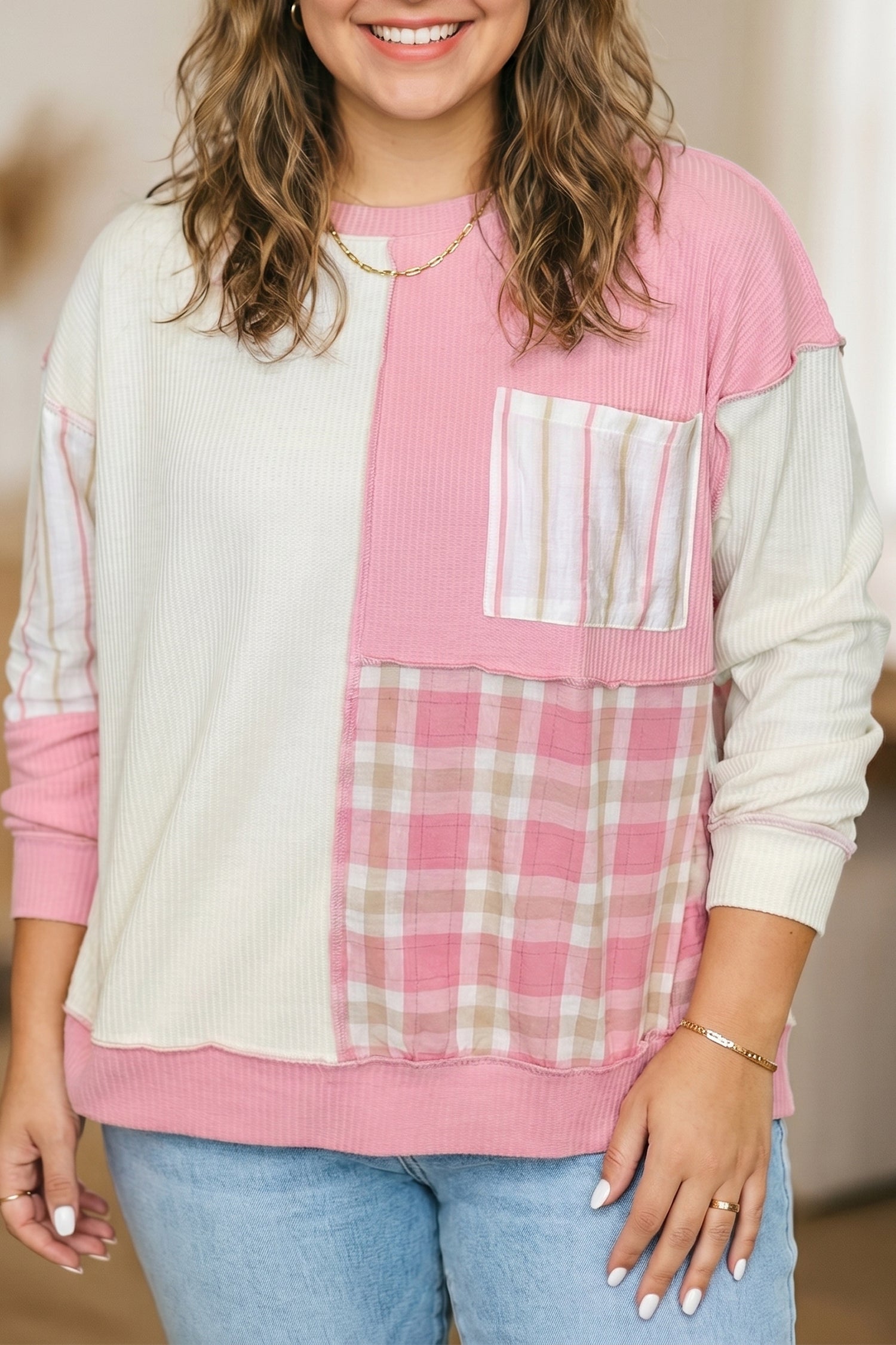Pink Colorblock Plaid Panel Long Sleeve Plus Size Blouse