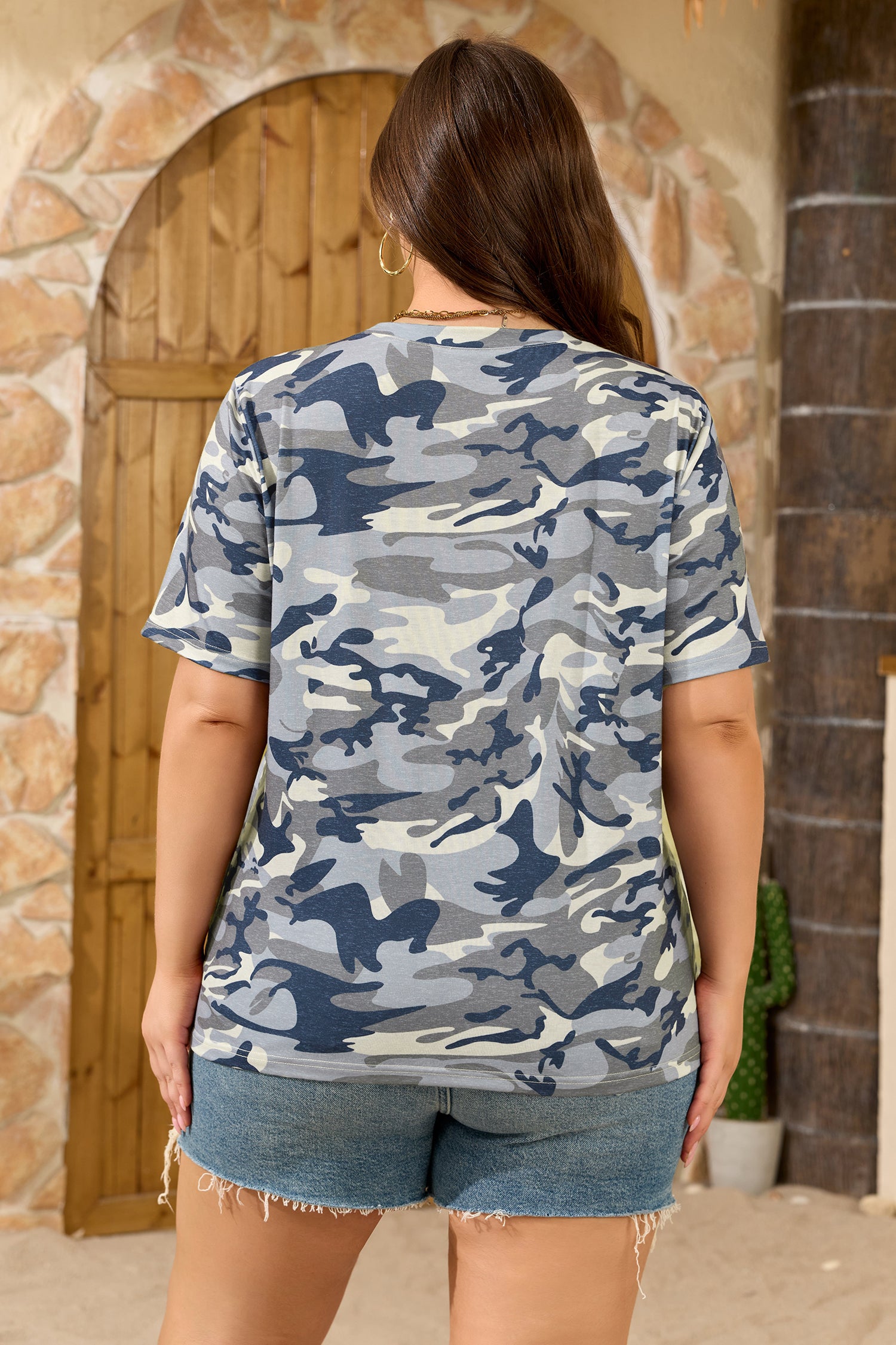 Green Plus Size Camo Print Crew Neck Short Sleeve Tee