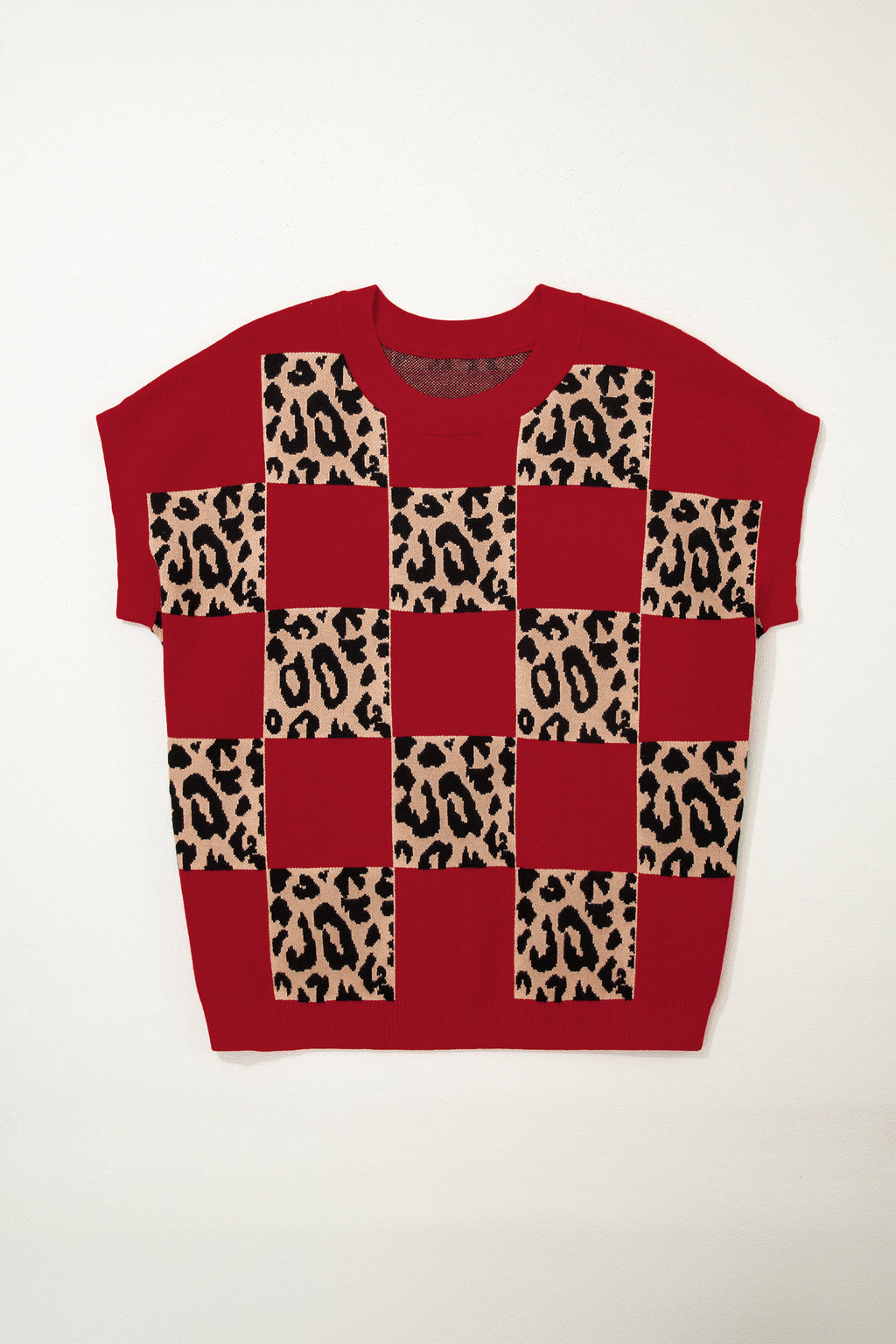 Green Plus Size Leopard Contrasted Checkered Short Sleeve Sweater