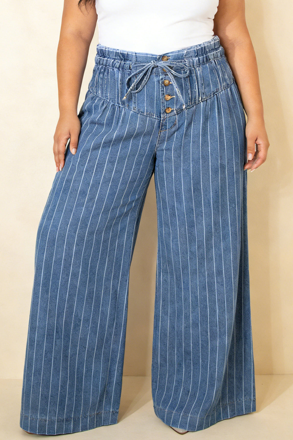 Sky Blue Stripe Plus Size Buttoned Loose Wide Leg Denim Pants