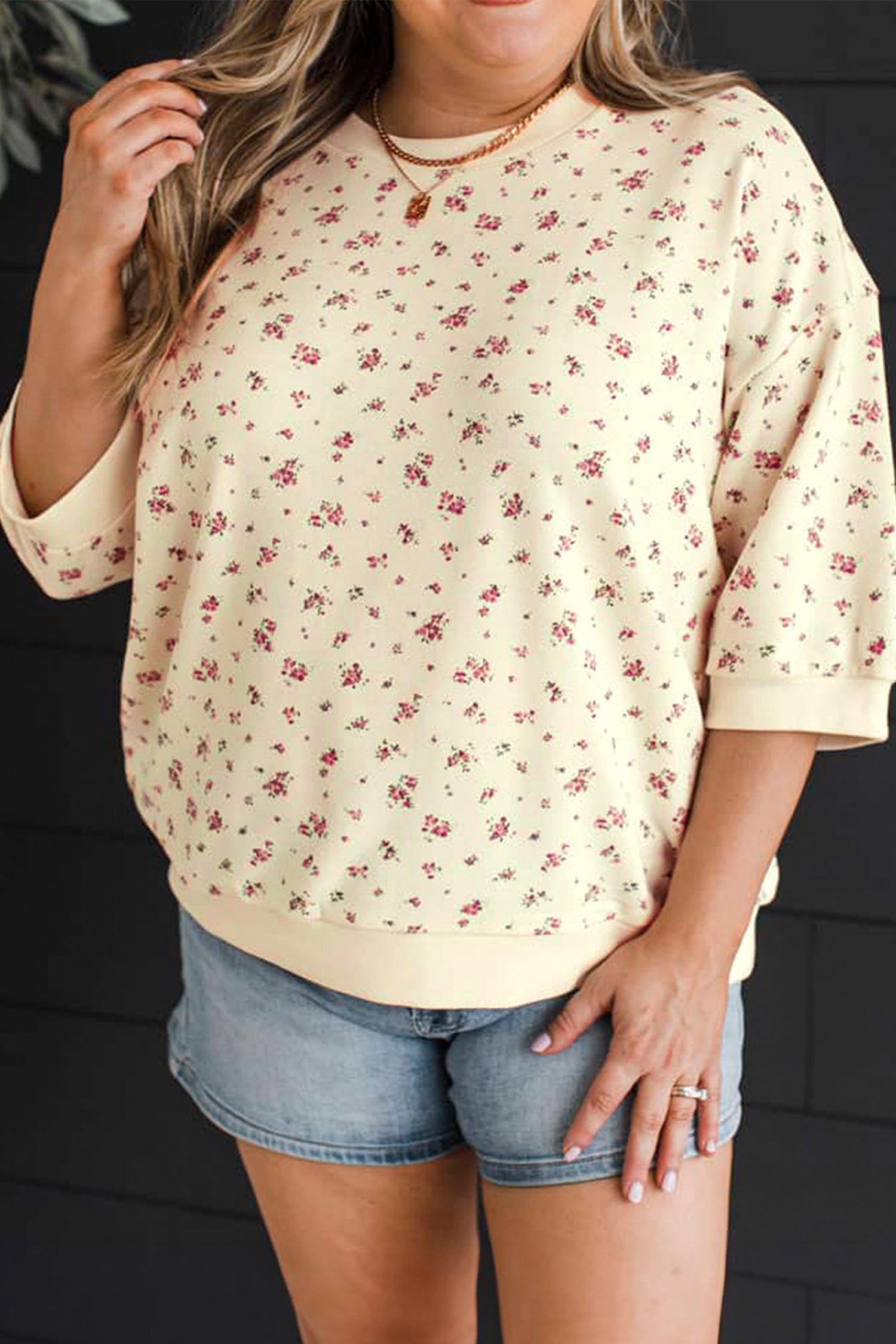 Beige Floral Print Colorblock Cuffs Hem Plus Size Blouse