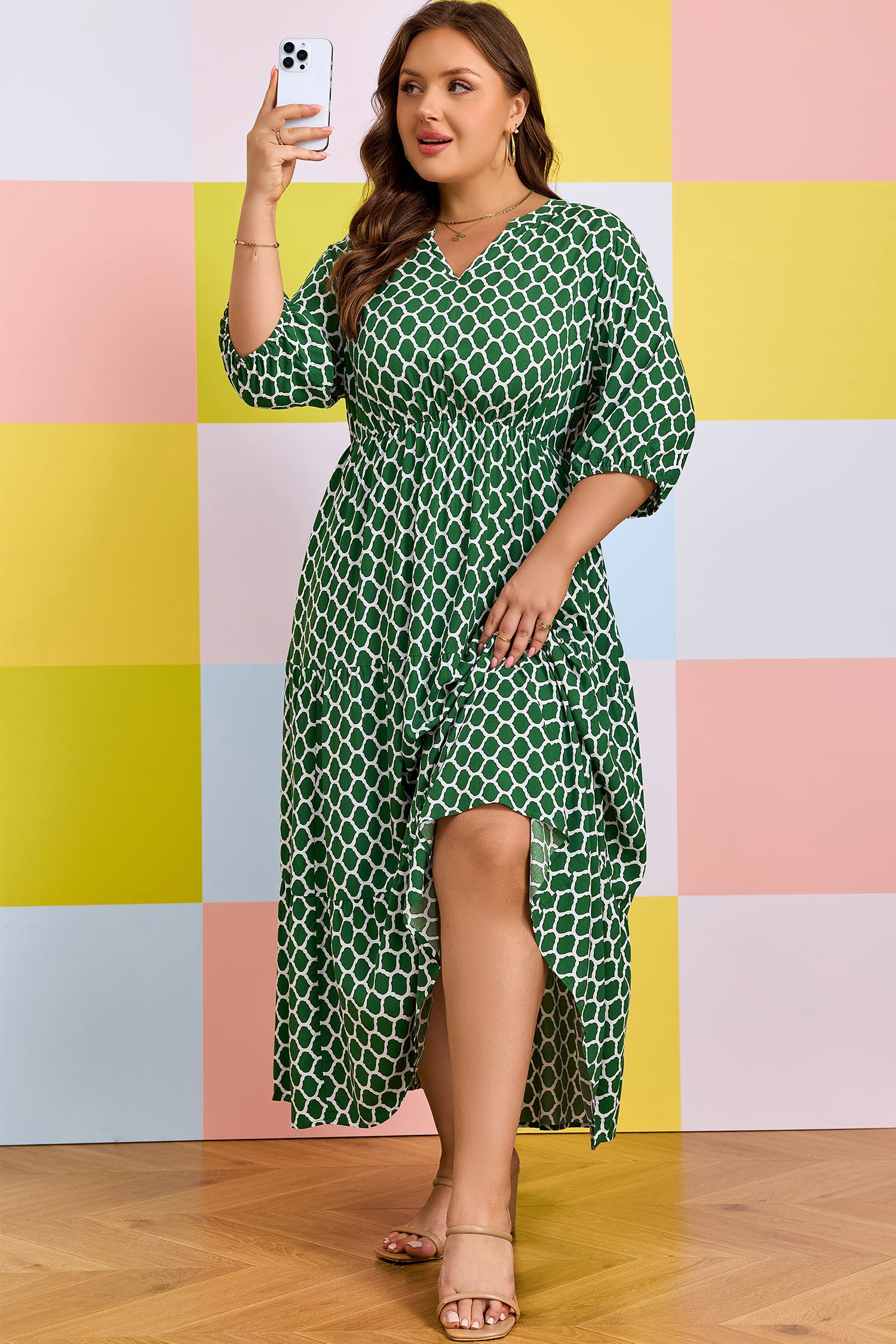 Green Plus Size Geometric Print Pocketed Ruffle Hem Casual Dress