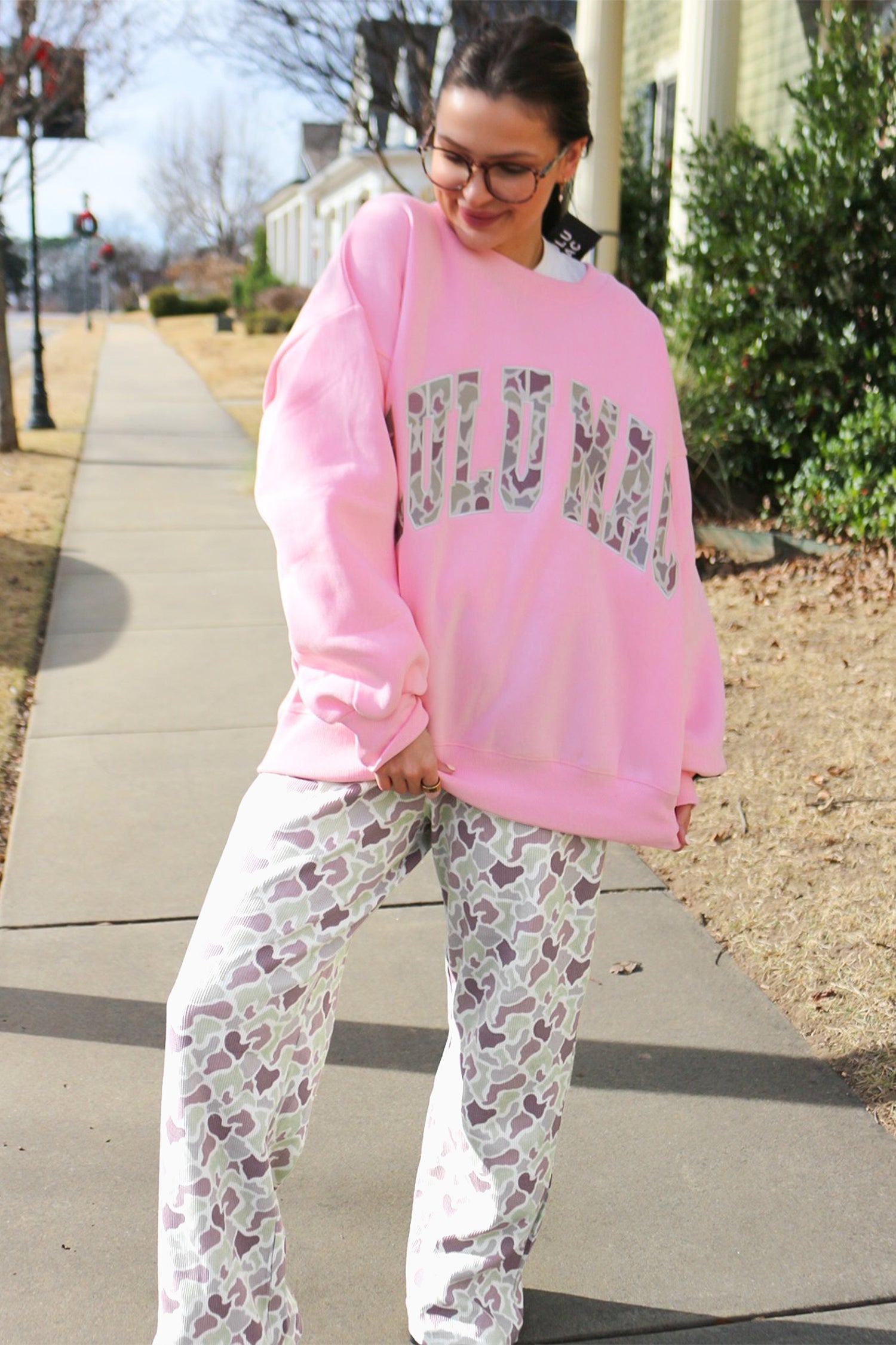 Green Camo Print Drawstring Waist Loose Fit Full Length Pants
