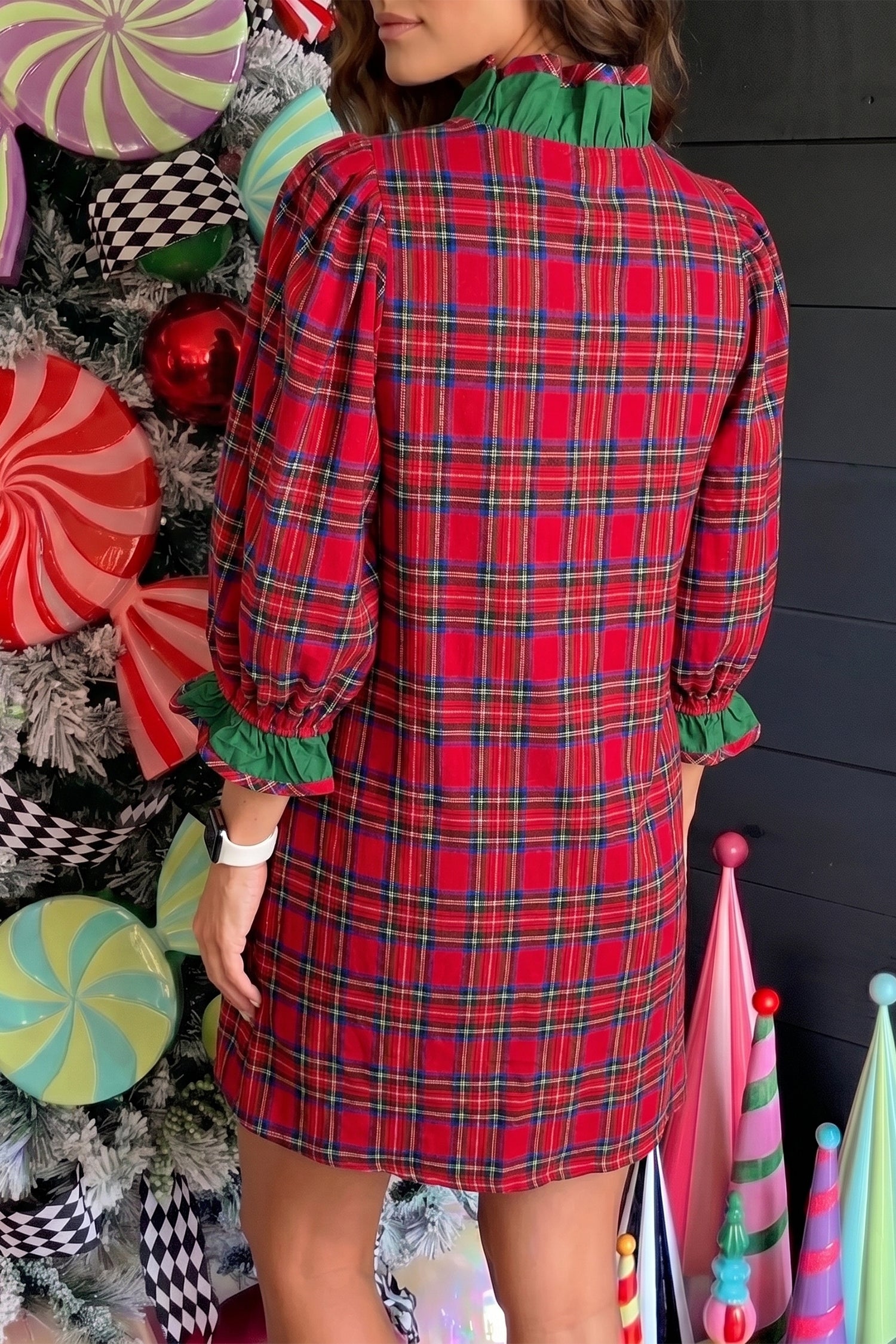 Red Plaid Ruffle Cuff Button Front Pocket Mini Dress