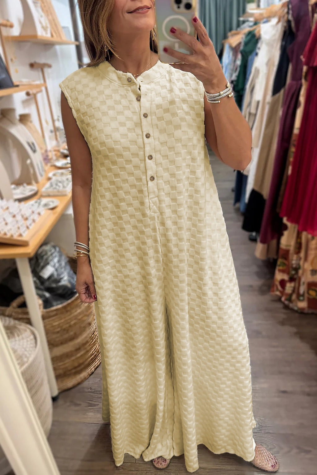 White Half Buttons Sleeveless Wide Leg Textured Jumpsuit