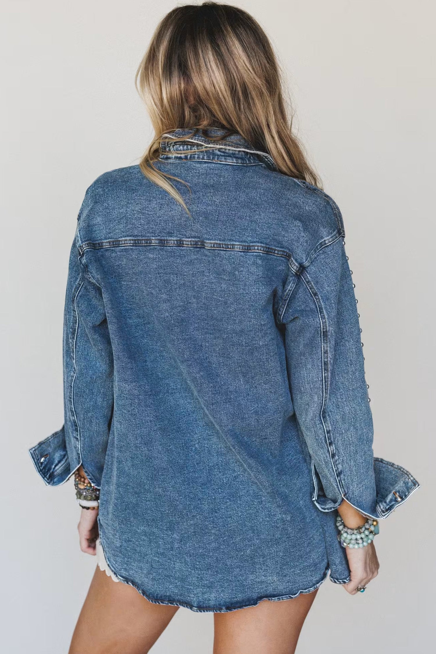 Sail Blue Rivet Embellished Western Style Regular Fit Long Sleeve Denim Jacket