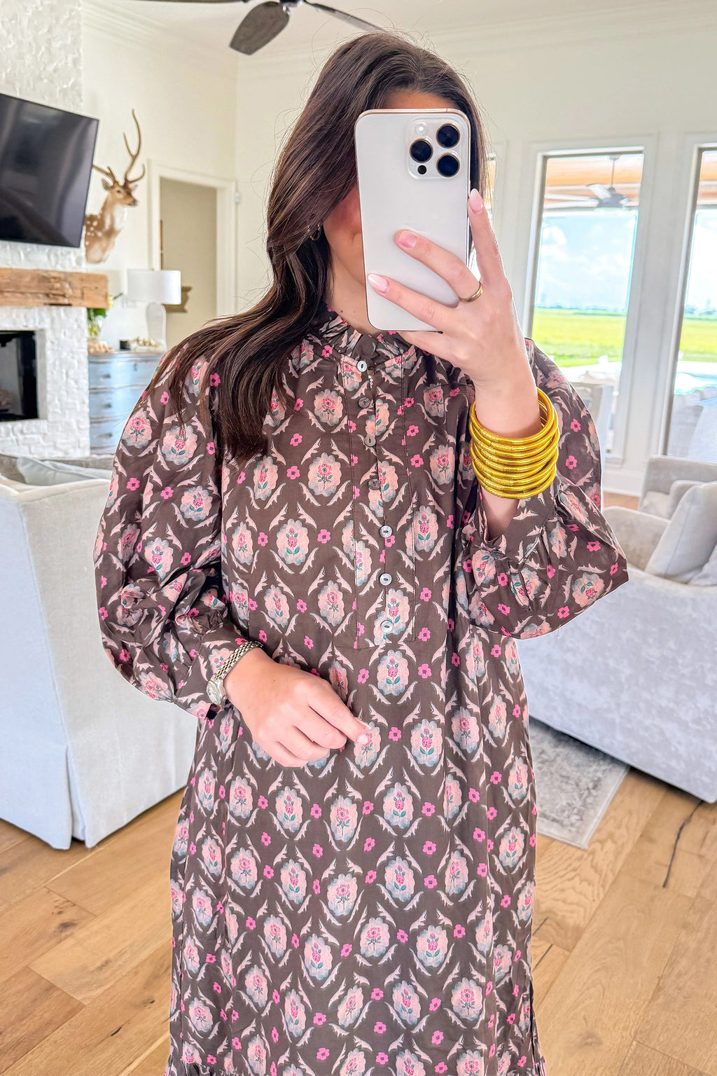 Brown Floral Print Button Front Ruffle Hem Midi Dress