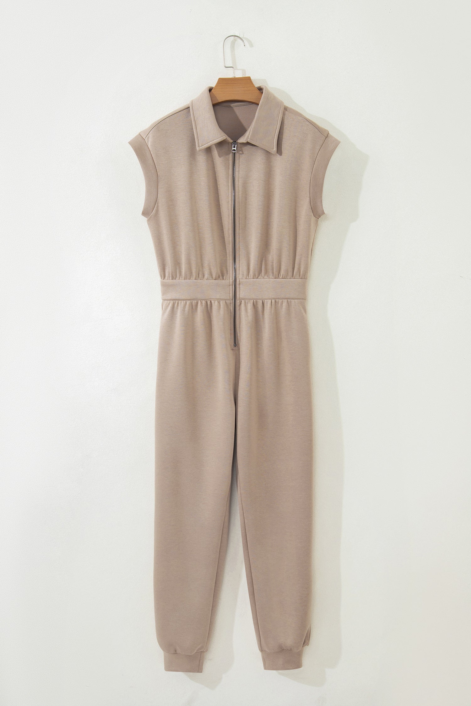 Dark Khaki Solid Color Zip Front Short Sleeve Collared Jumpsuit