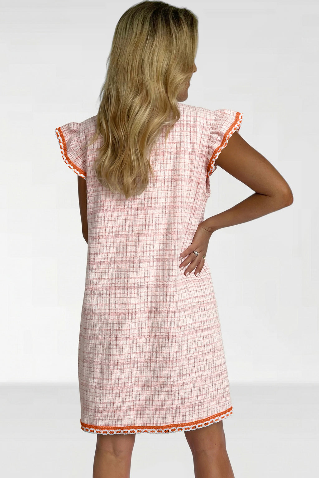 White Jacquard Textured Contrast Trim Short Sleeve Tassel Tie Shift Dress