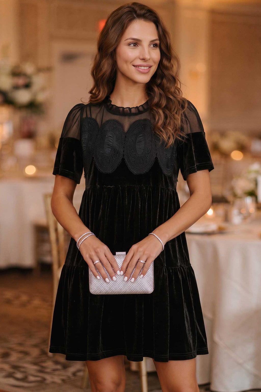 Black Embroidered Velvet Short Sleeve Mini Shift Dress