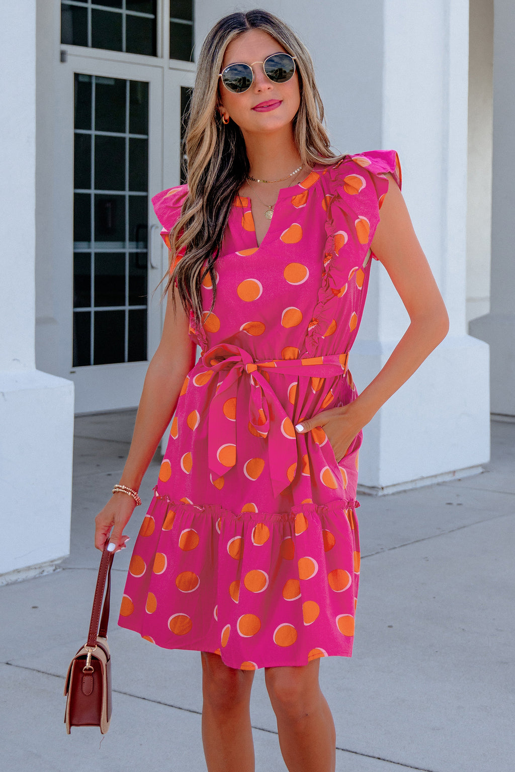 Rose Double Polka Dot V Neck Ruffled Short Sleeve Dress