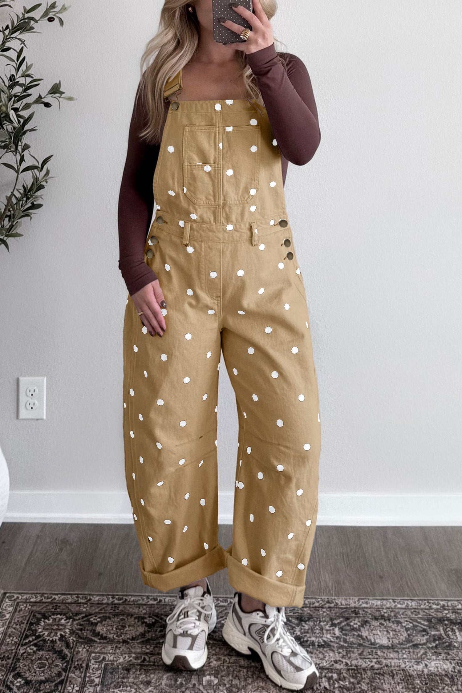 Jet Stream Polka Dot Print Bib Pocket Denim Barrel Overalls Jumpsuit