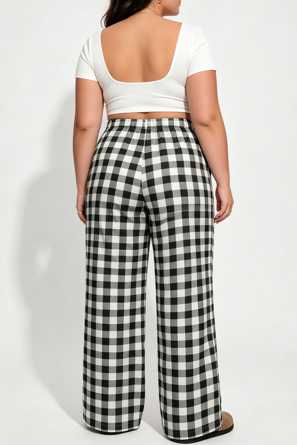 Black Plus Size Plaid Pattern Elastic Waist Shift Pants