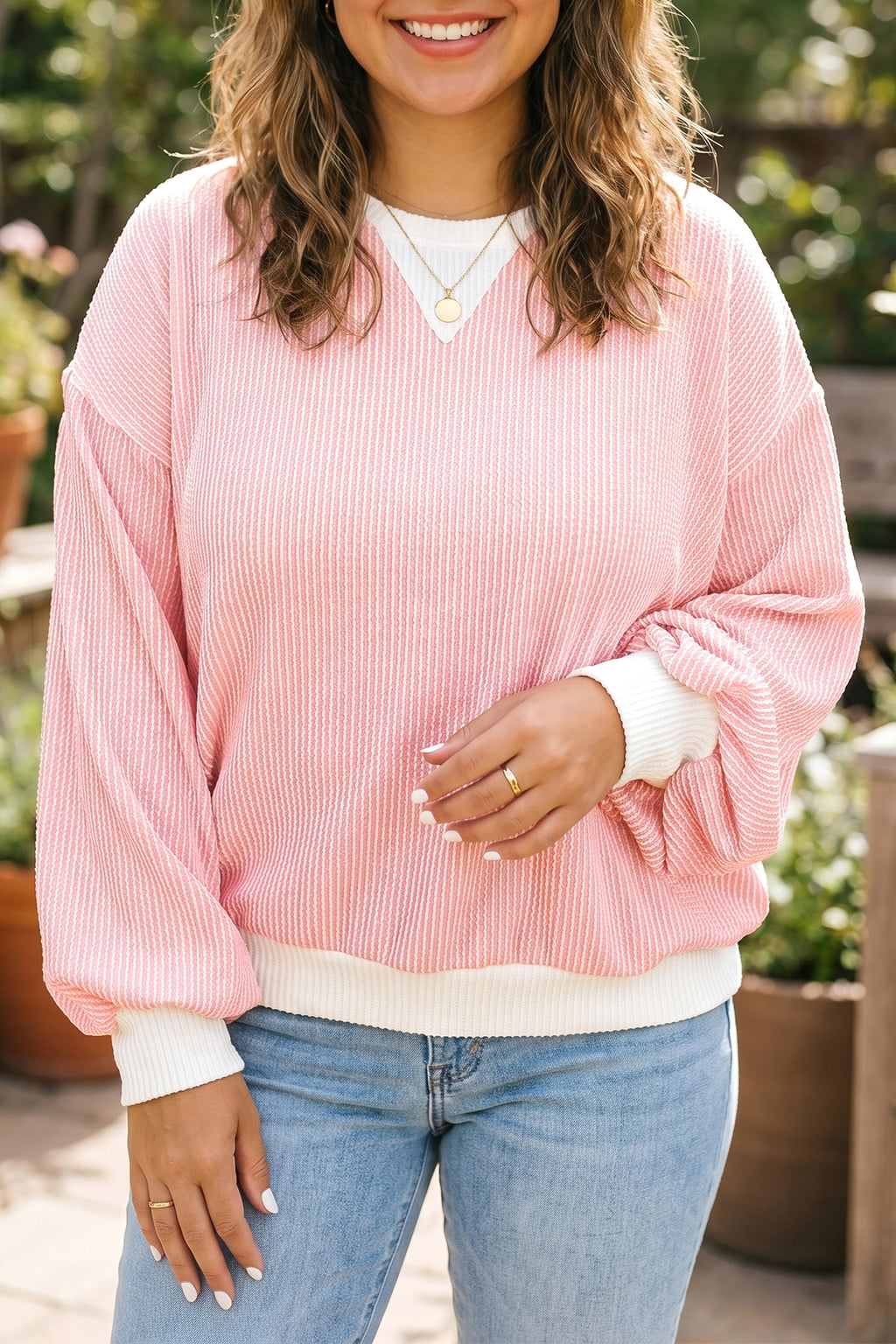 Pink Ribbed Knit Colorblock Long Sleeve Round Neck Plus Size Blouse