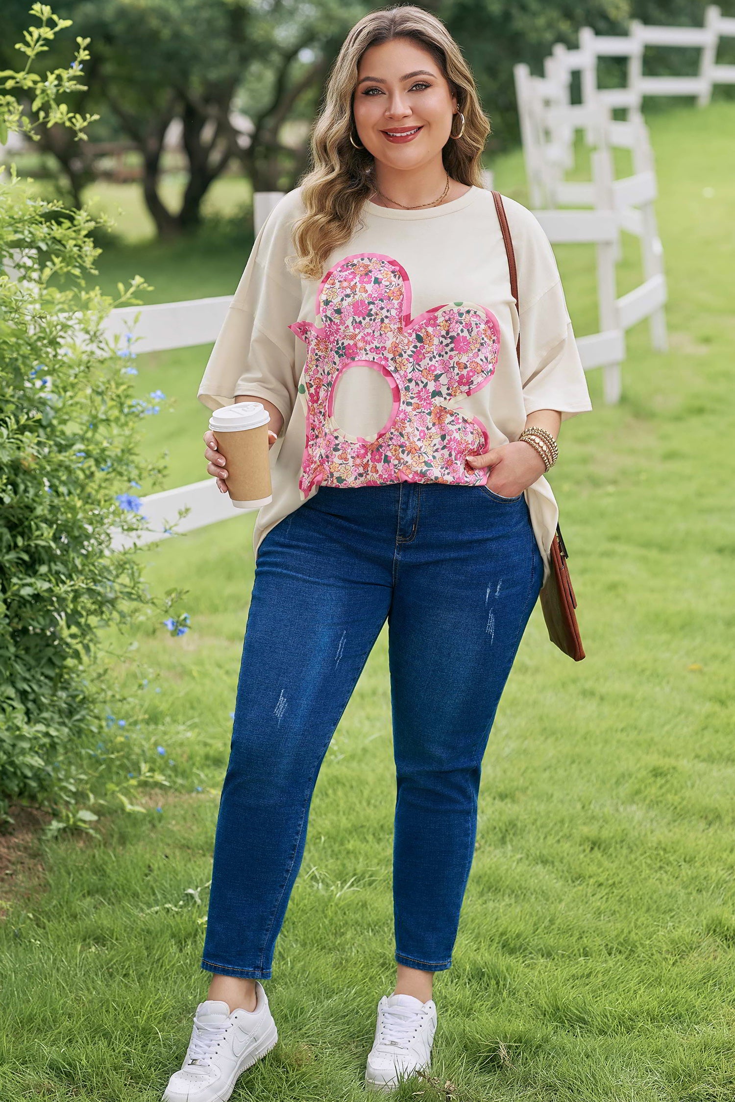 Jet Stream Big Flower Patched Plus Size Tunic T-Shirt