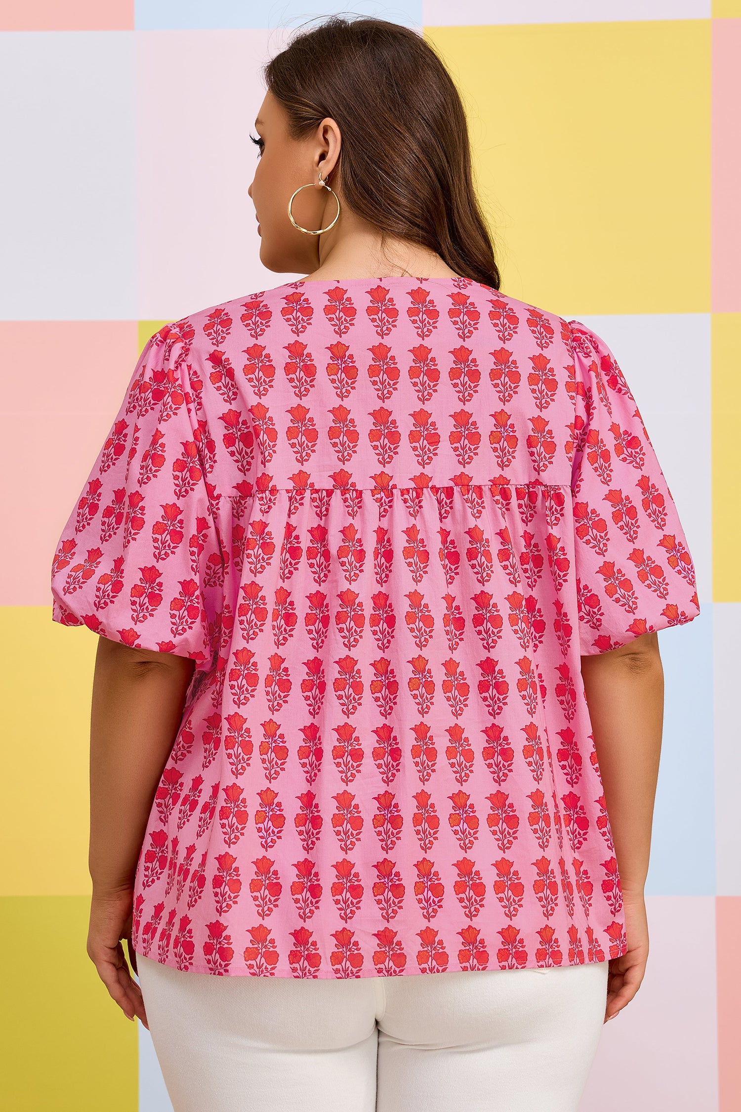 Pink Plus Size Floral Print Tassel Tie Puff Sleeve Cotton Blouse