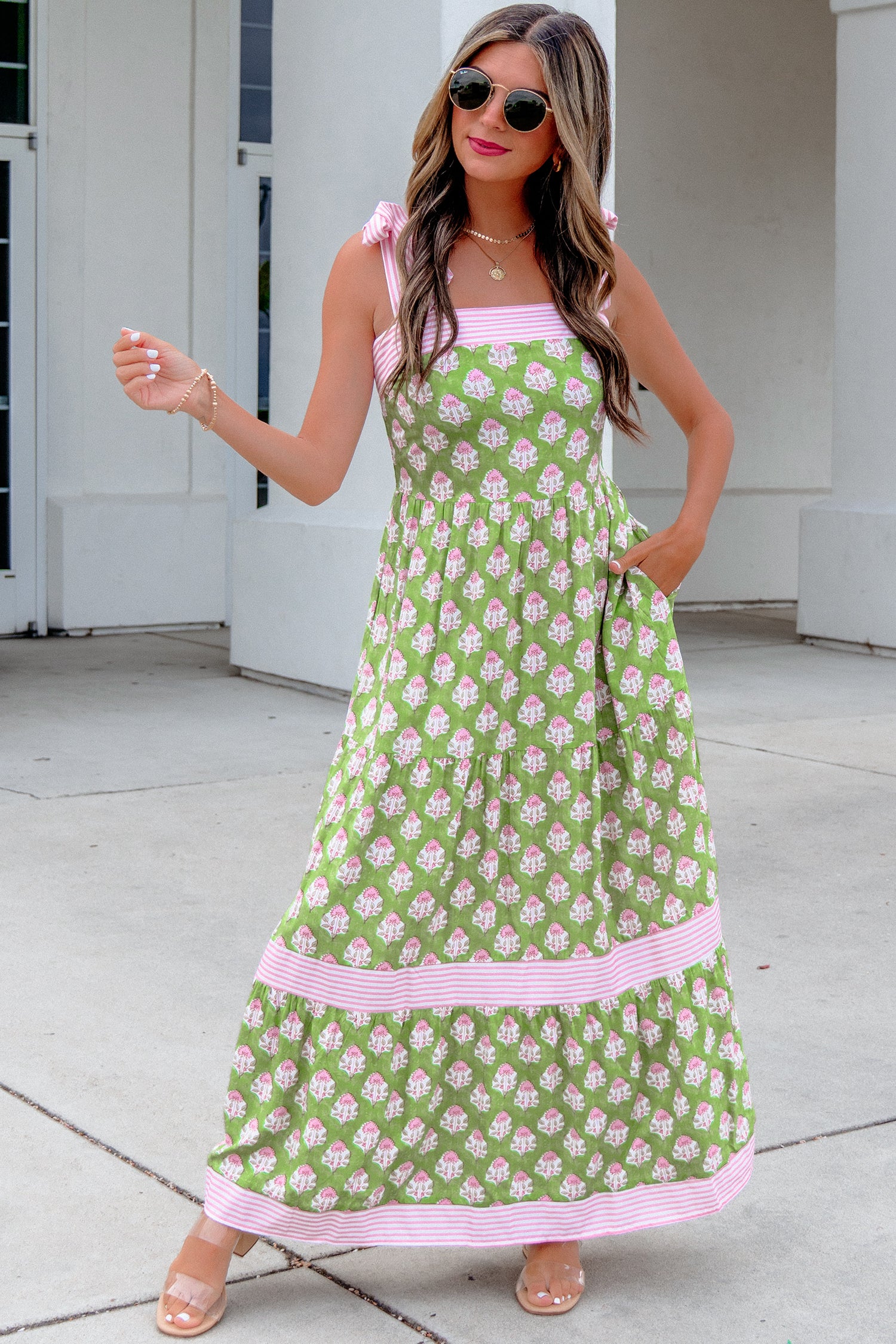 Green Floral Print Striped Detail Knot Straps Maxi Dress