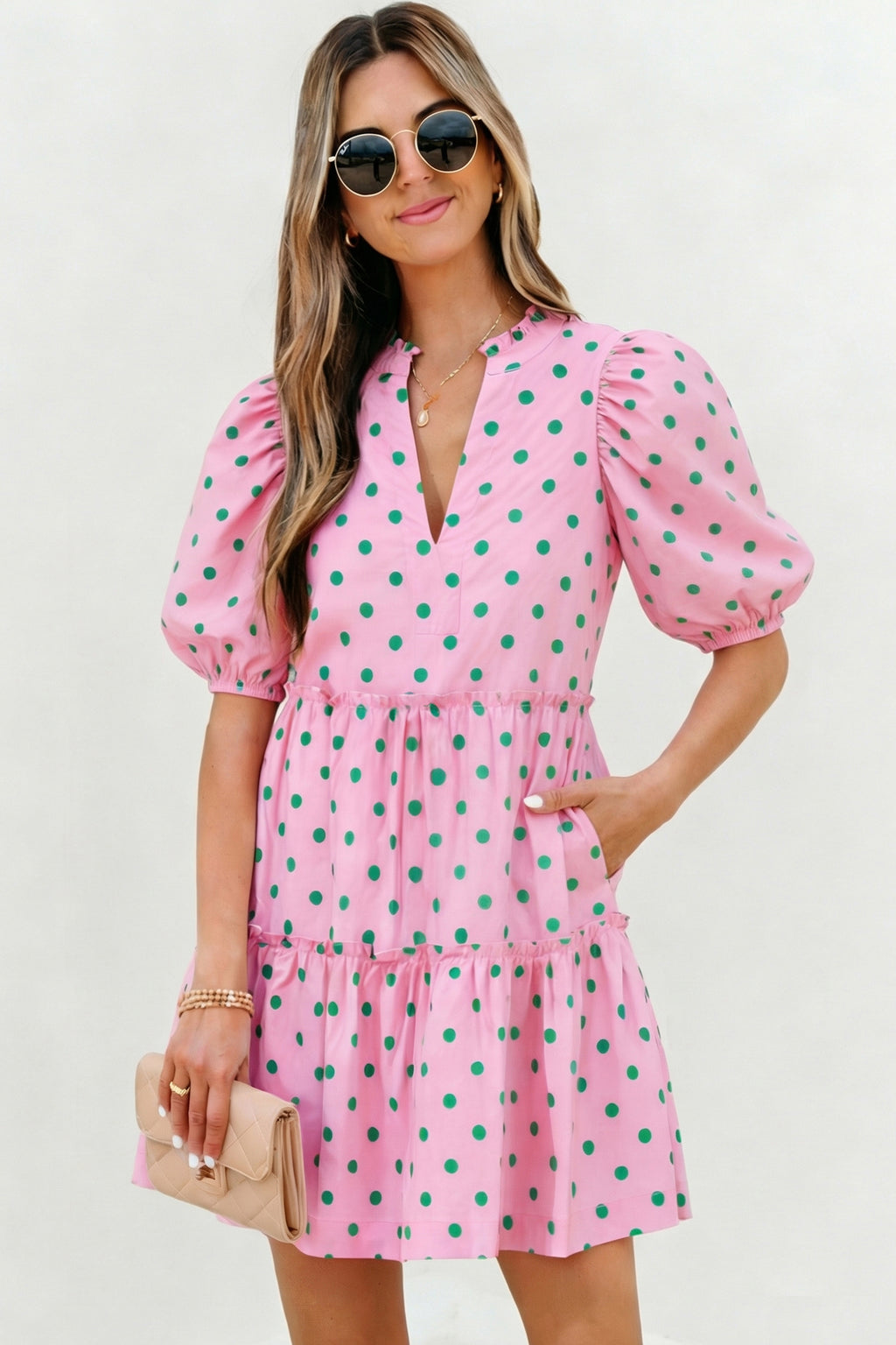Pink Polka Dot Print V Neck Short Sleeve Tiered Mini Dress