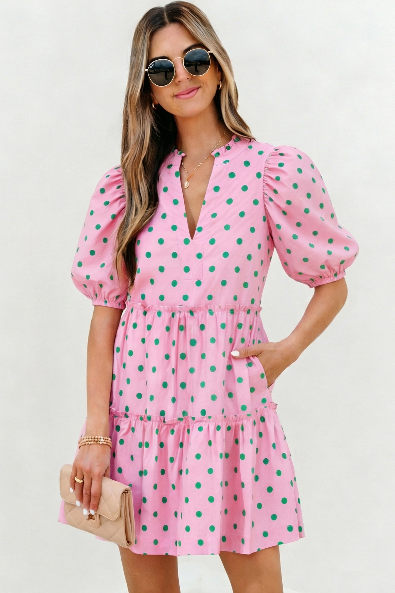 Pink Polka Dot Print V Neck Short Sleeve Tiered Mini Dress