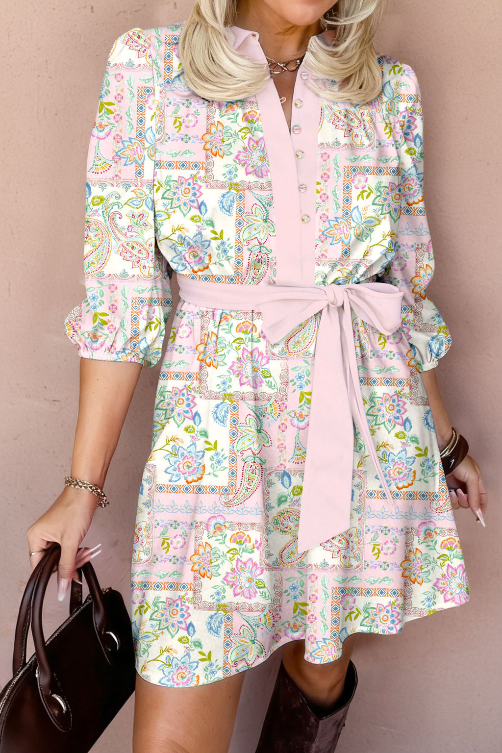 Pink Boho Floral Print Color Block Trim Half Button Belted Mini Dress