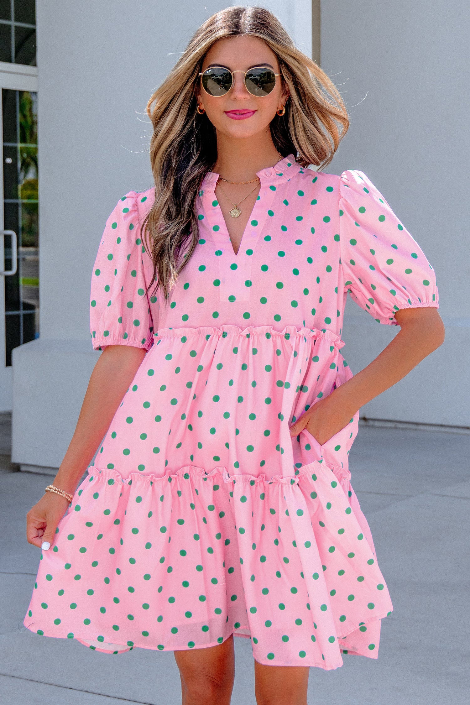 Pink Polka Dot Print V Neck Short Sleeve Tiered Mini Dress