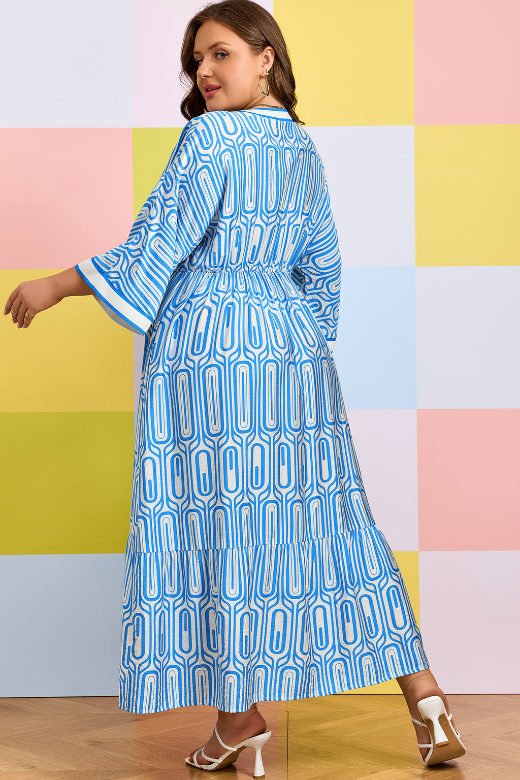 Sky Blue Plus Size Geometric Print Contrast Trim V Neck Bracelet Sleeve Long Dress