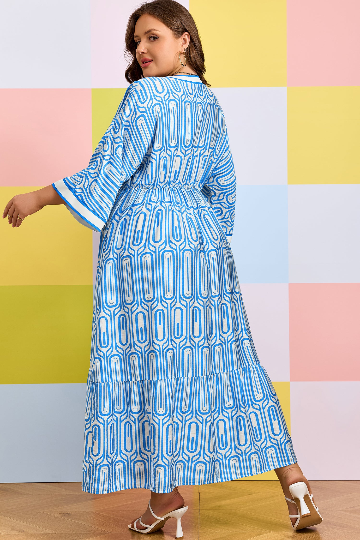 Sky Blue Plus Size Geometric Print Contrast Trim V Neck Bracelet Sleeve Long Dress